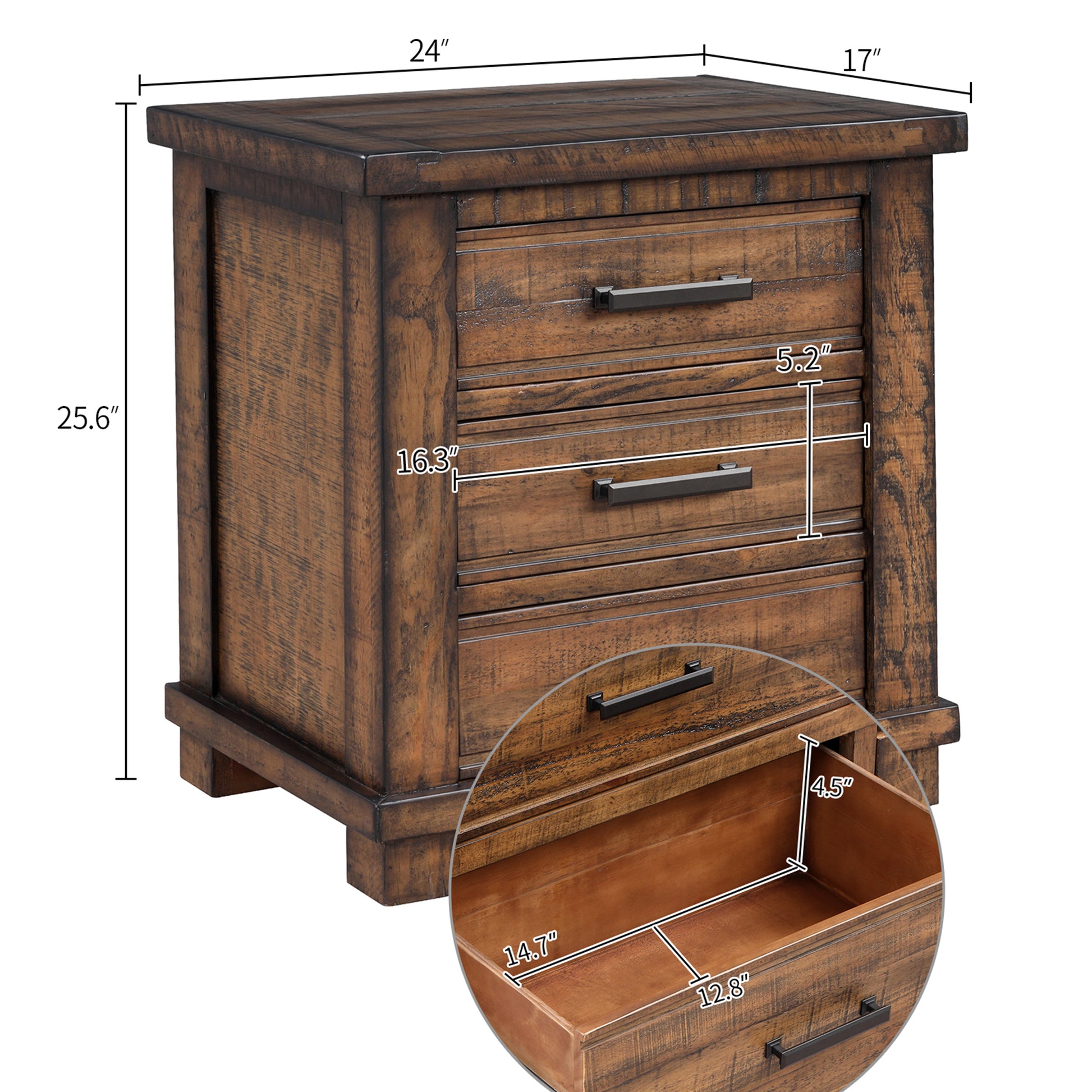 Rustic brown wooden nightstand with three drawers and black hardware