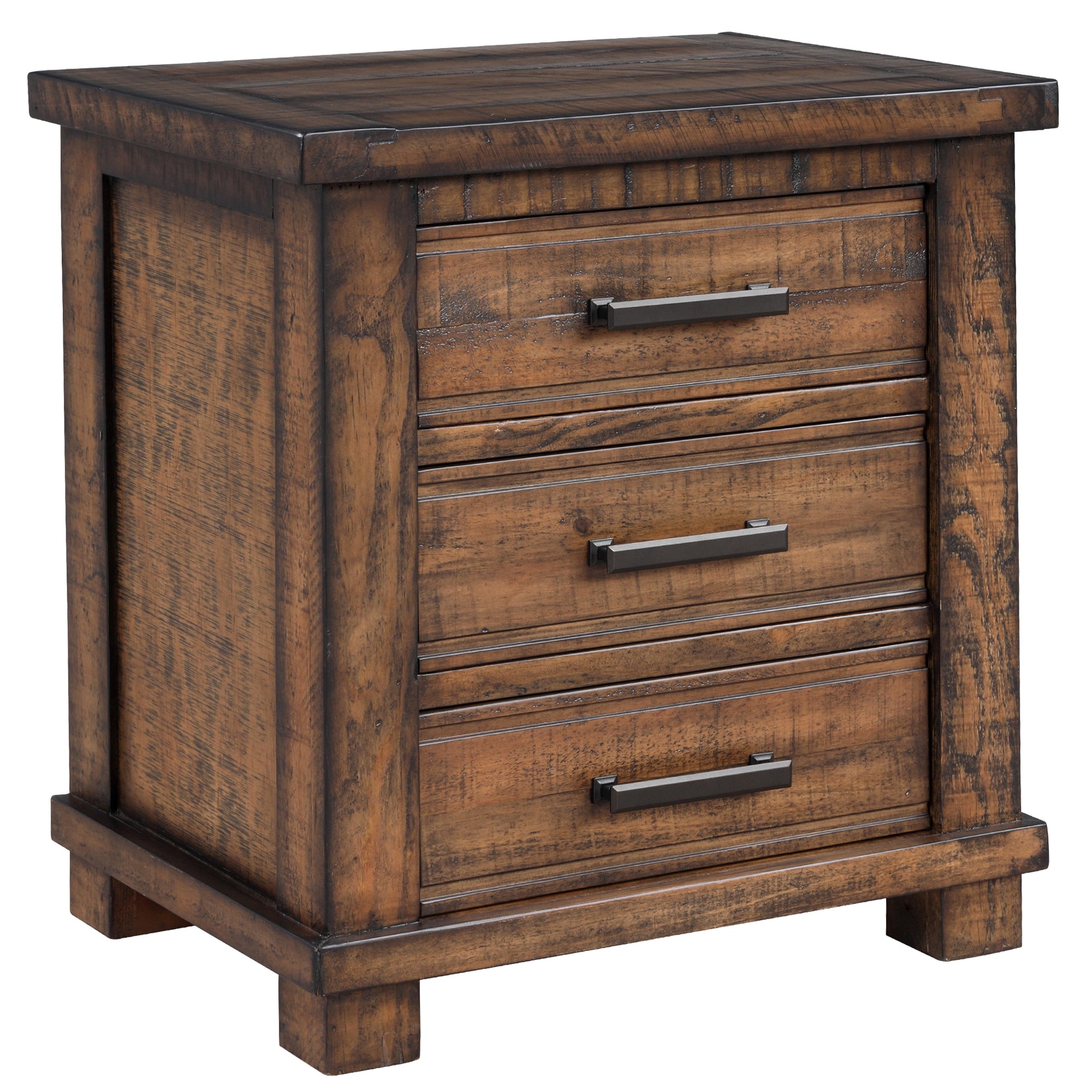 Rustic brown solid wood nightstand with three drawers and dark metal handles
