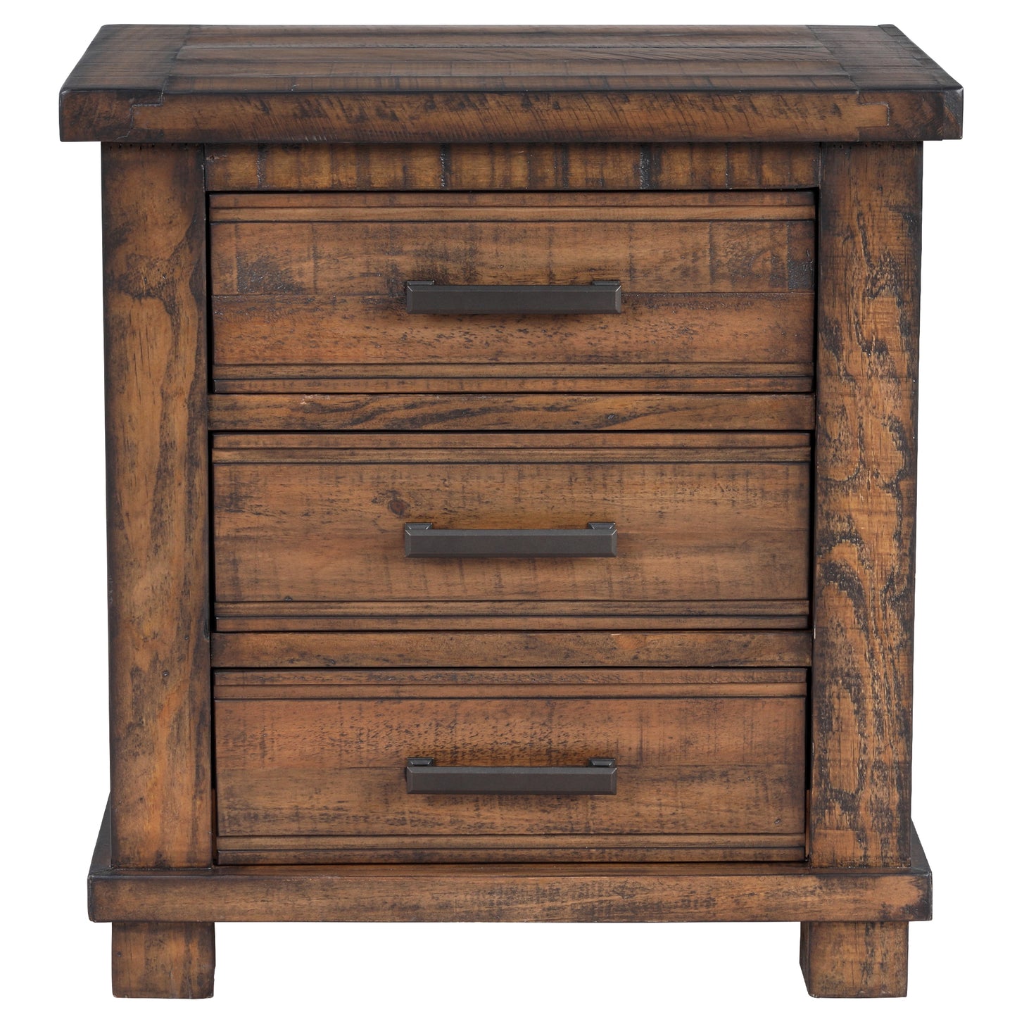 Rustic wood threedrawer nightstand with dark metal handles