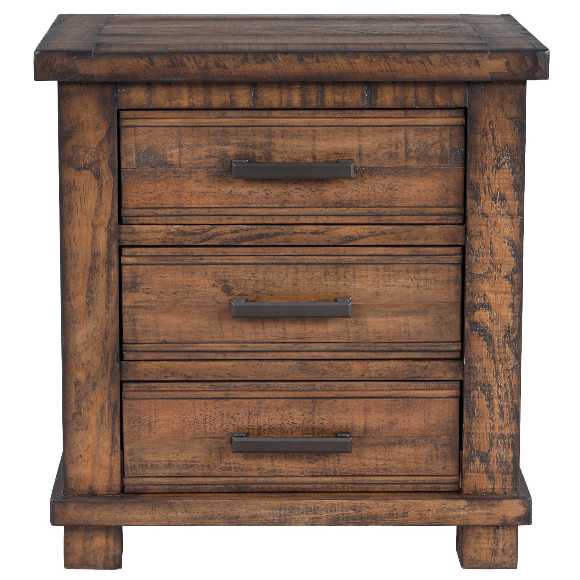 Rustic wood threedrawer nightstand with dark metal handles