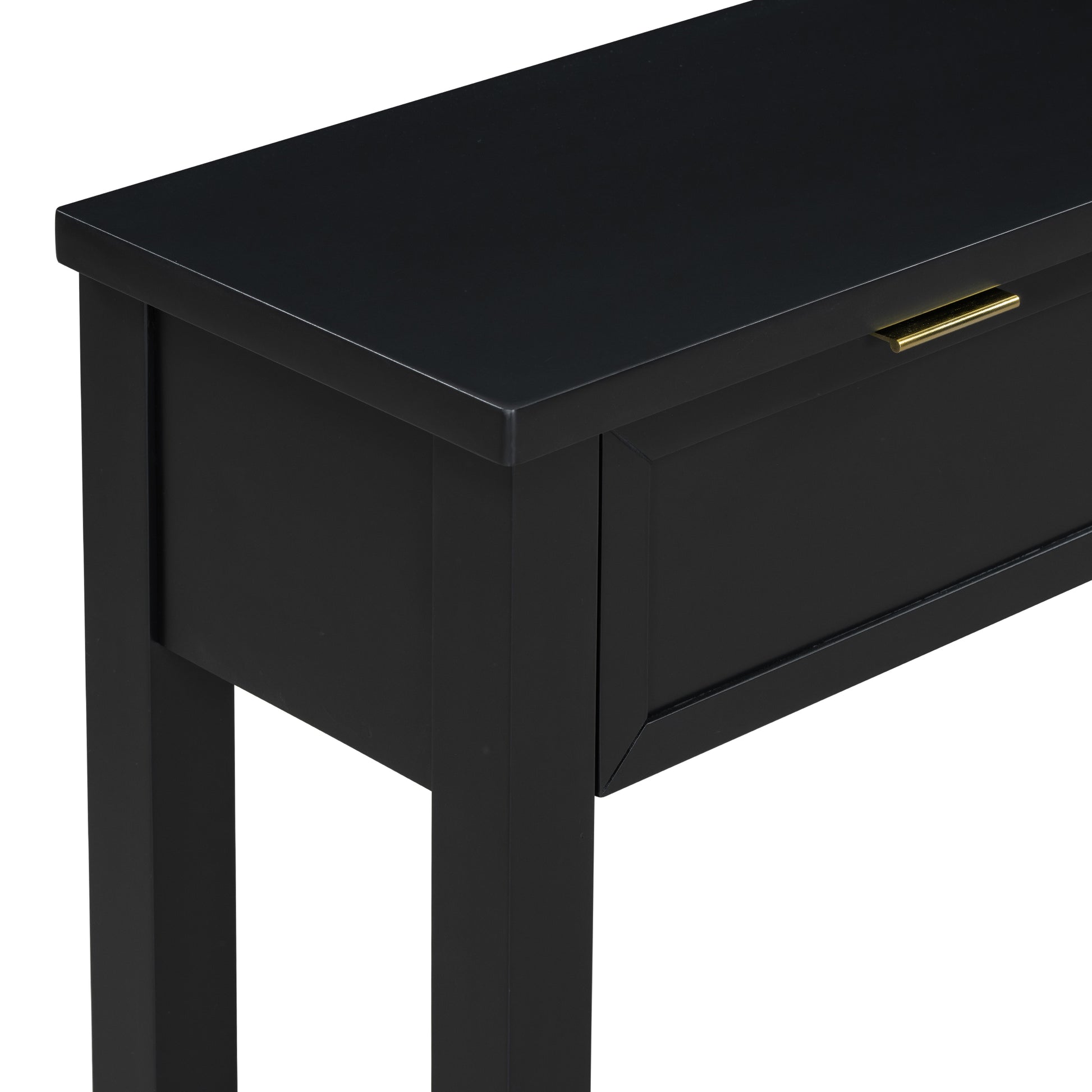 Black console table with gold drawer pull