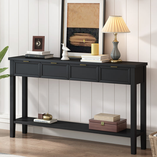 Black wooden console table with four drawers and gold hardware