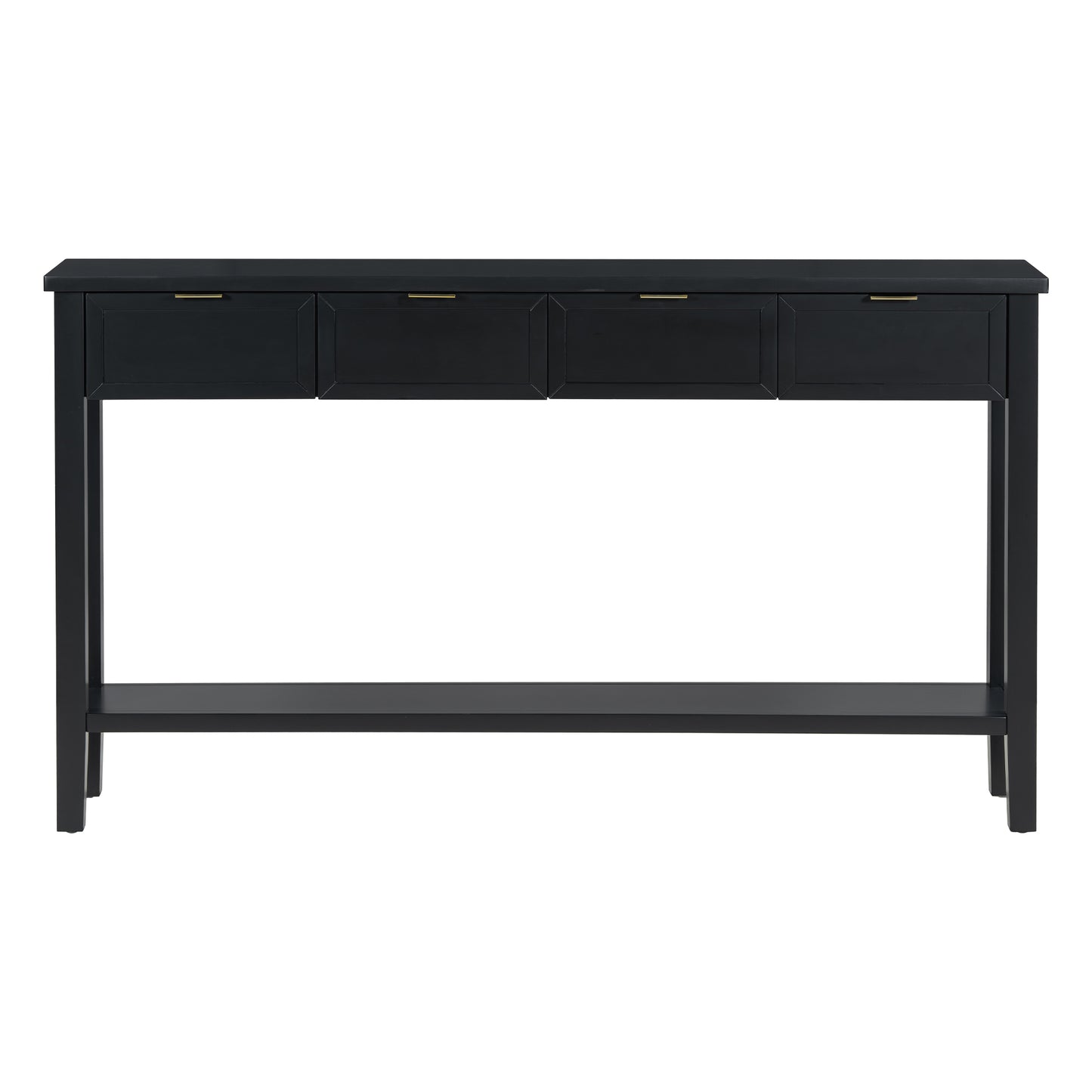Sleek black wood console table with four drawers and a lower shelf