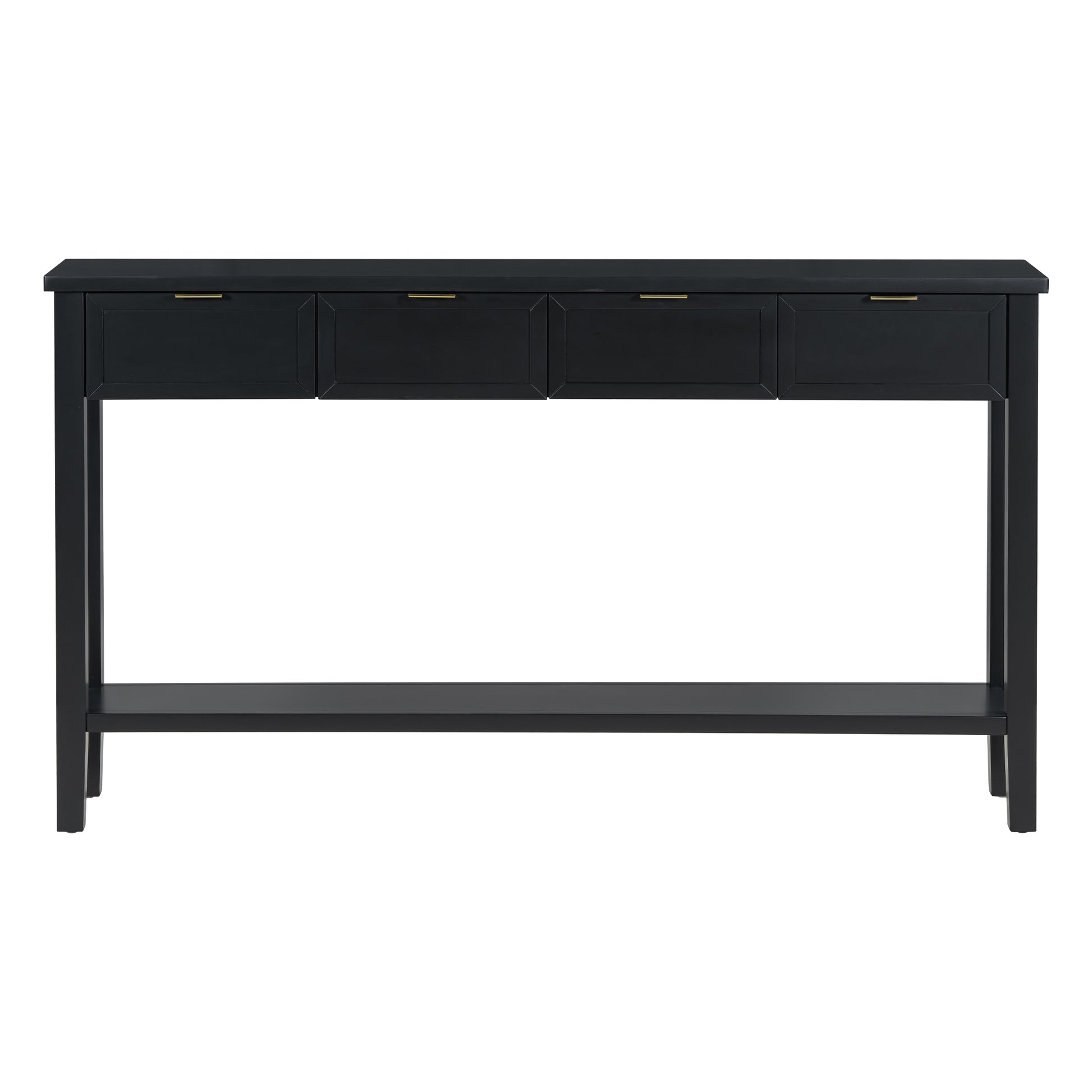 Sleek black wood console table with four drawers and a lower shelf