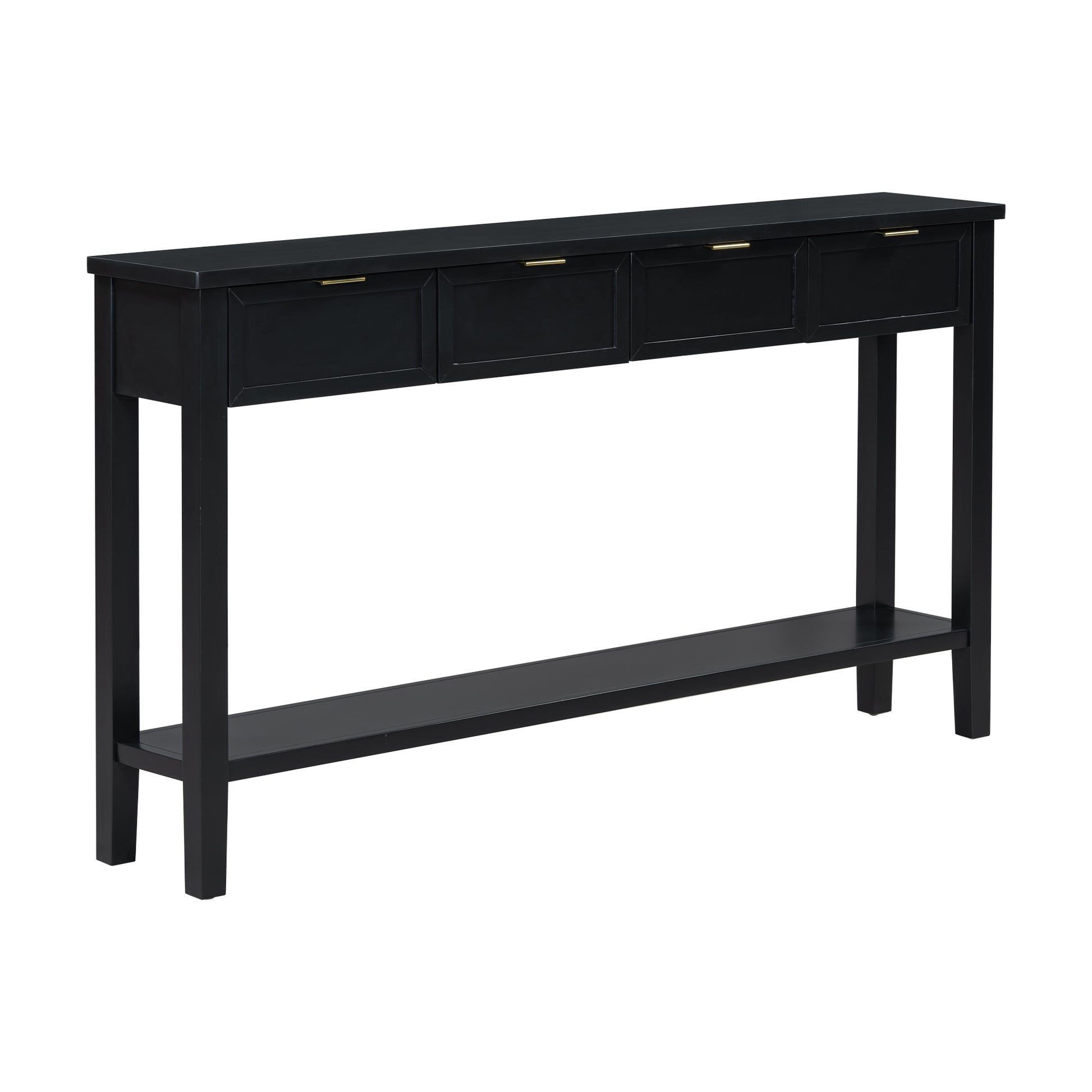 Sleek black console table with four drawers and a bottom shelf