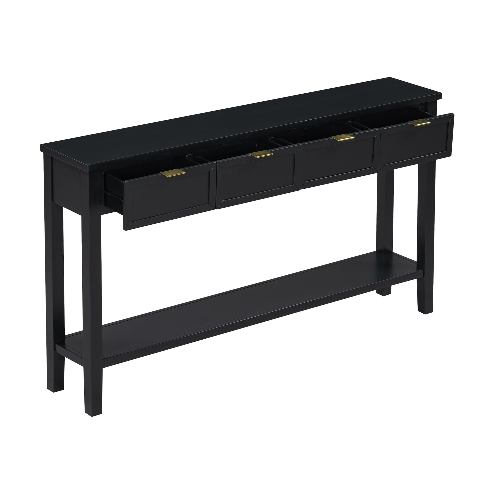 Black narrow console table with four drawers and a lower shelf