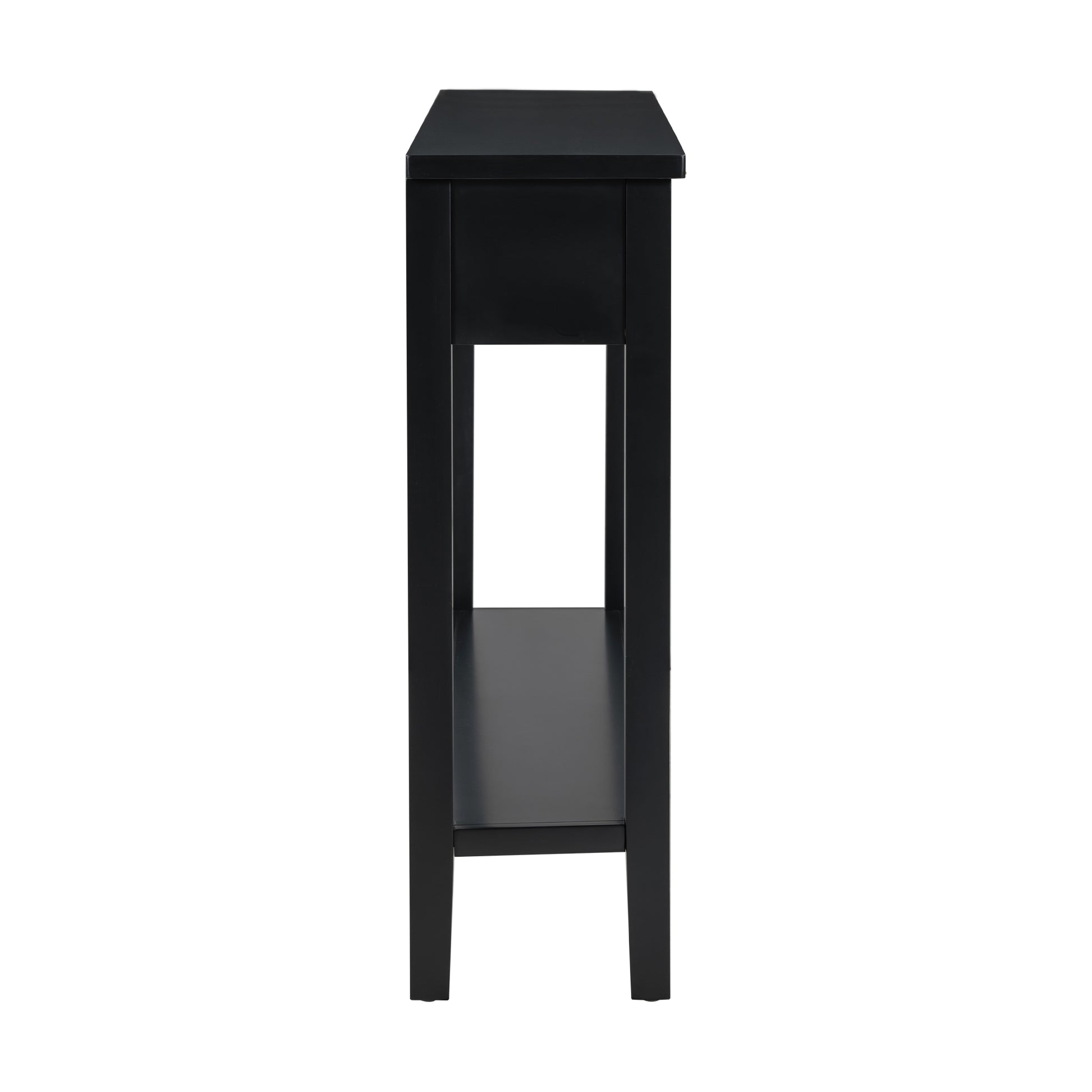 Black narrow console table with drawer and open shelf