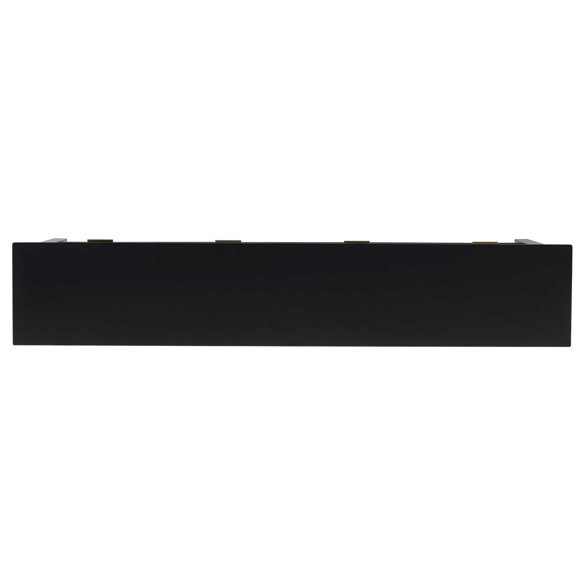 Sleek black floating shelf with concealed brass mounting hardware