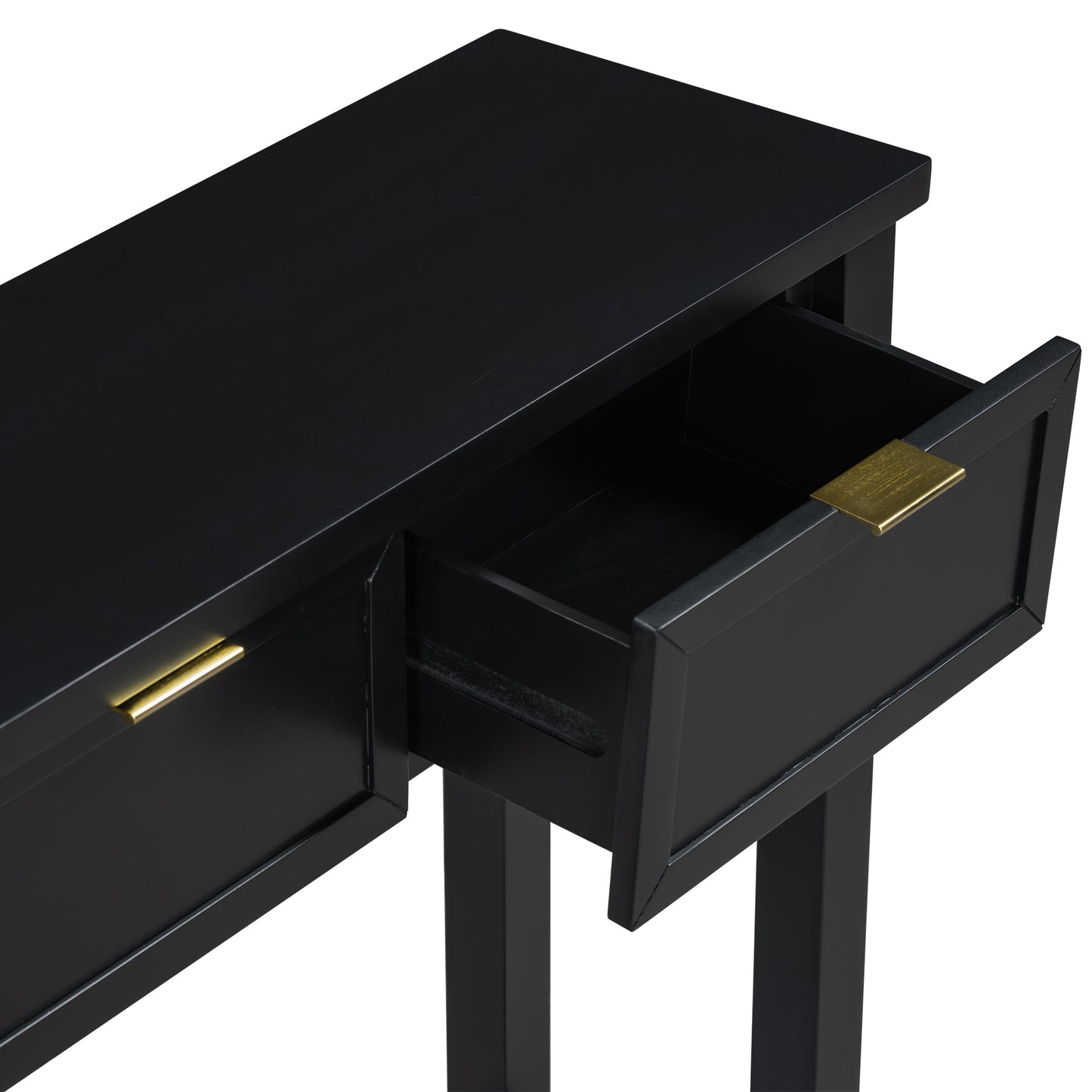 Black console table with brass hardware