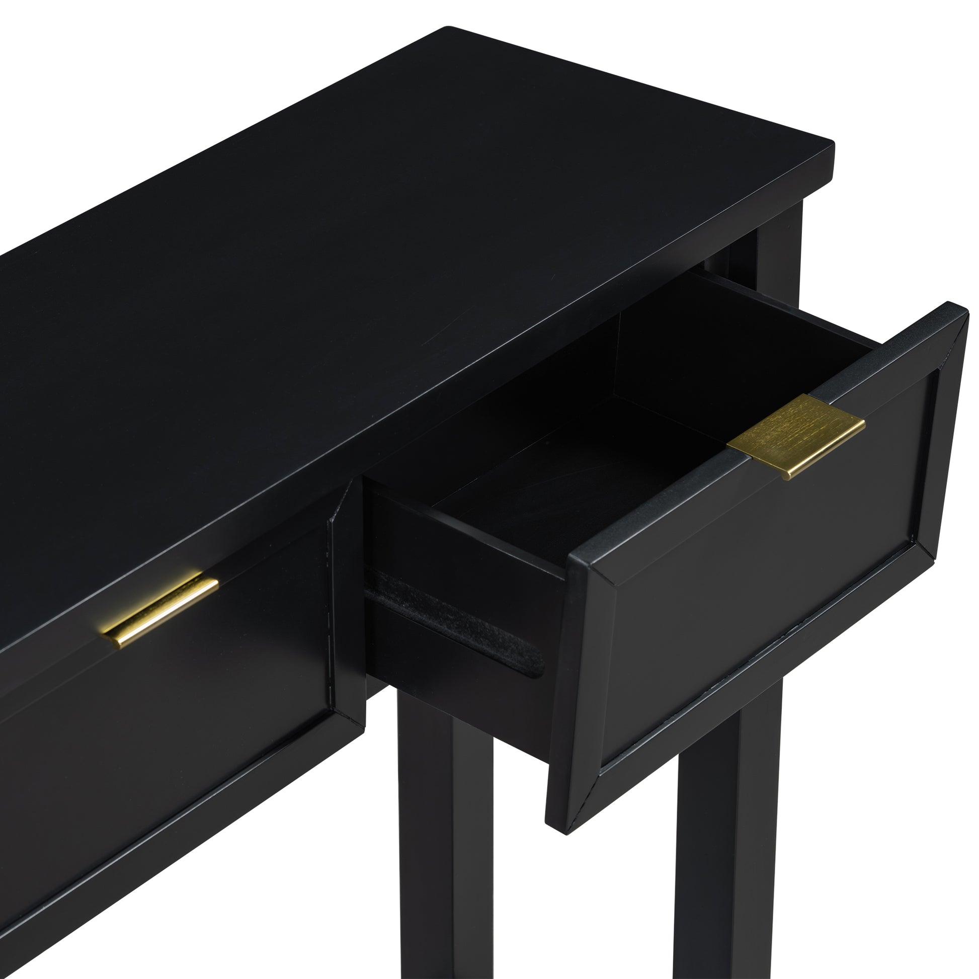 Black console table with brass hardware