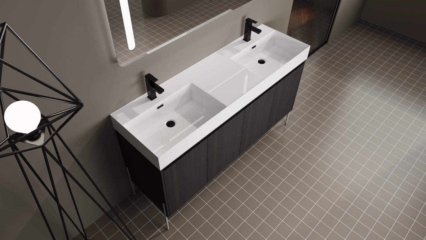 Modern double basin vanity with dark wood cabinet and matte black faucets