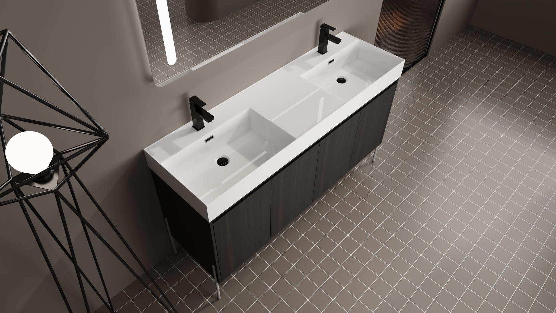 Modern double basin vanity with dark wood cabinet and matte black faucets