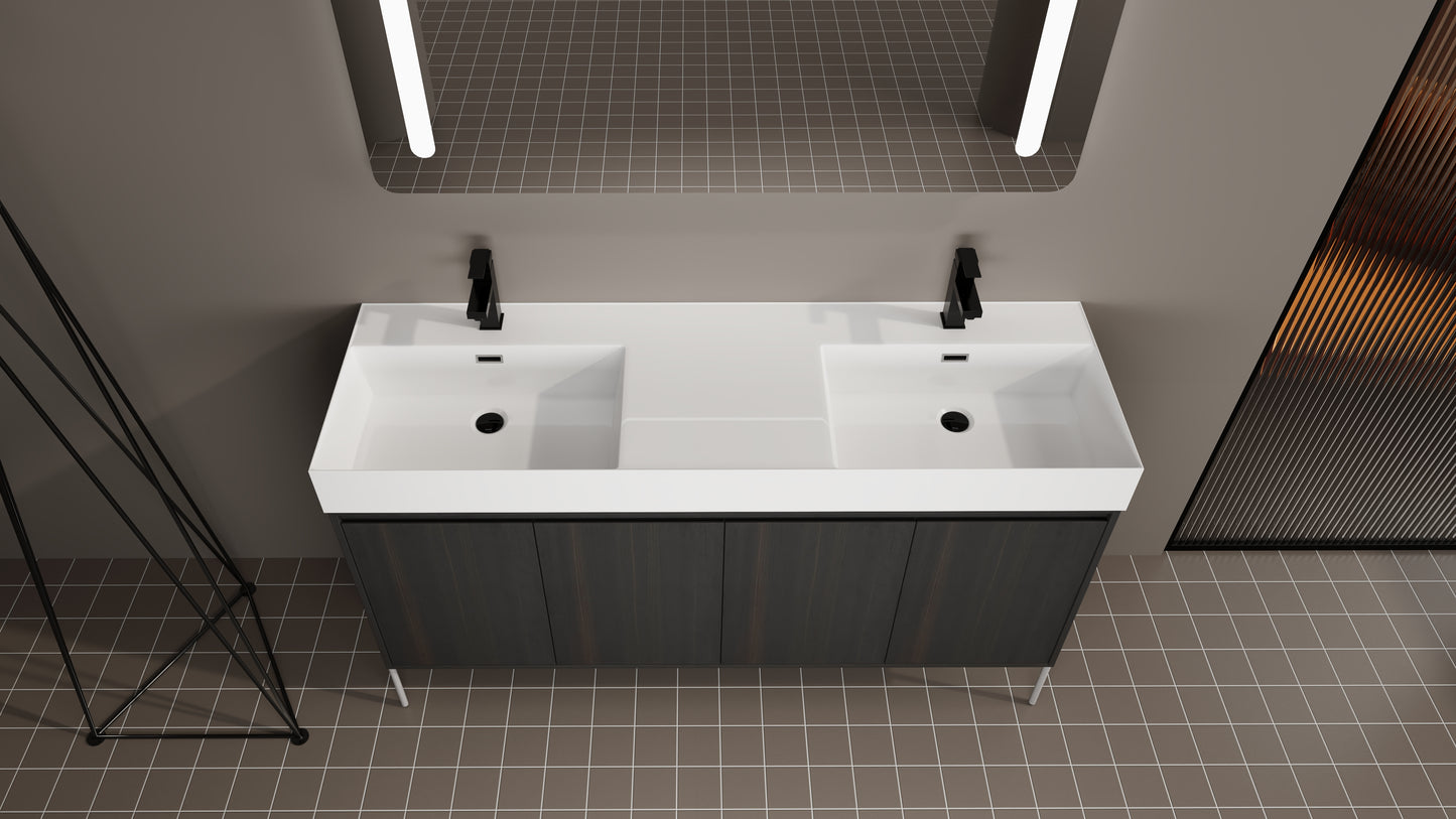 Modern double sink vanity with dark wood cabinets and white countertop