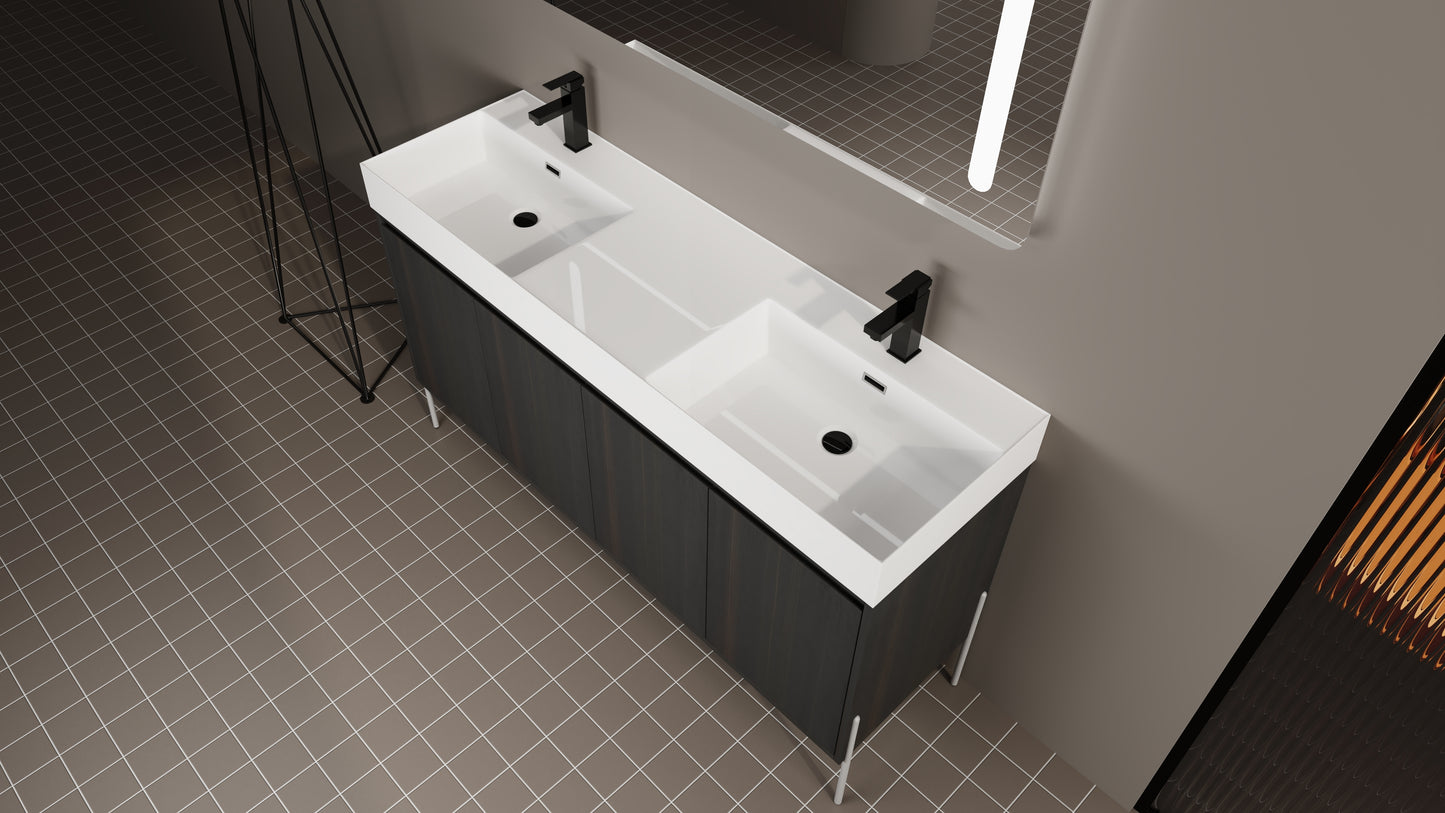 Modern double sink vanity with dark wood finish and white countertop