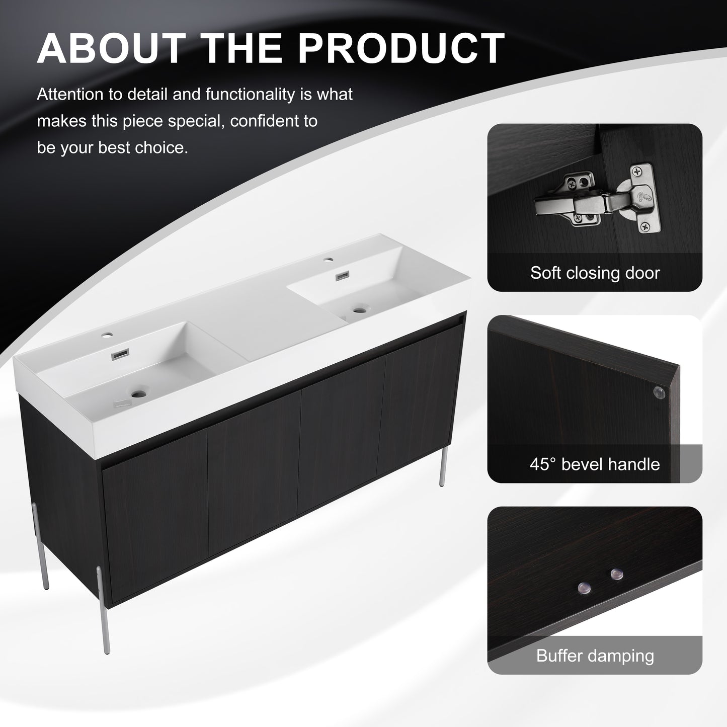 Dark wood double vanity with white composite countertop and integrated sinks