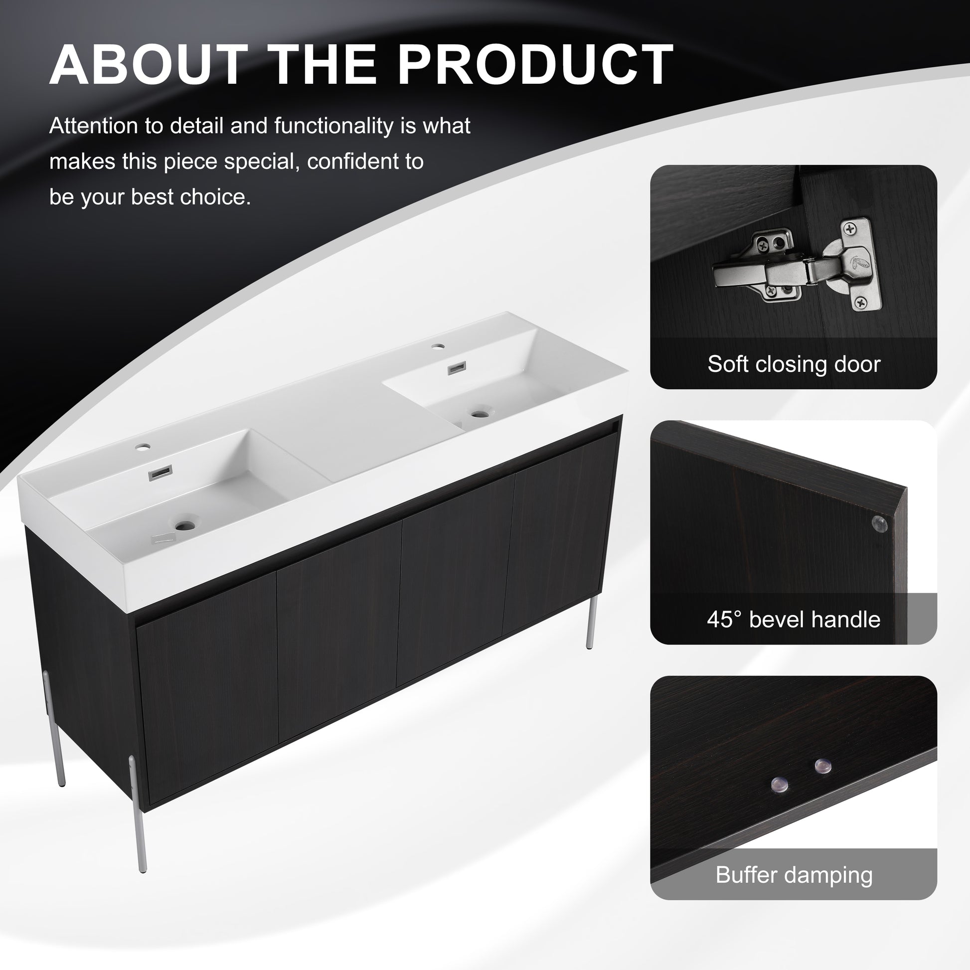 Dark wood double vanity with white composite countertop and integrated sinks