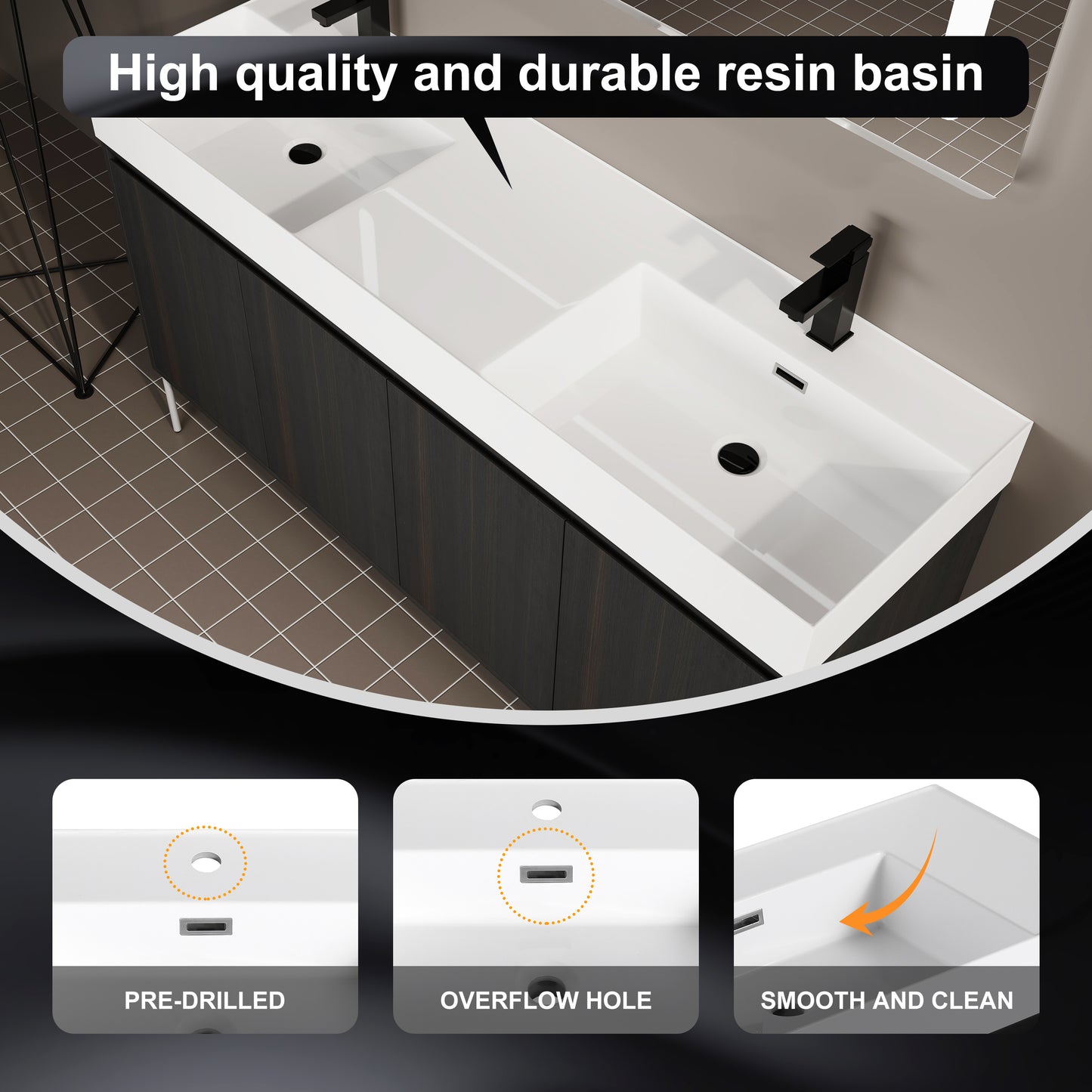 White resin basin with integrated double sink and black faucet