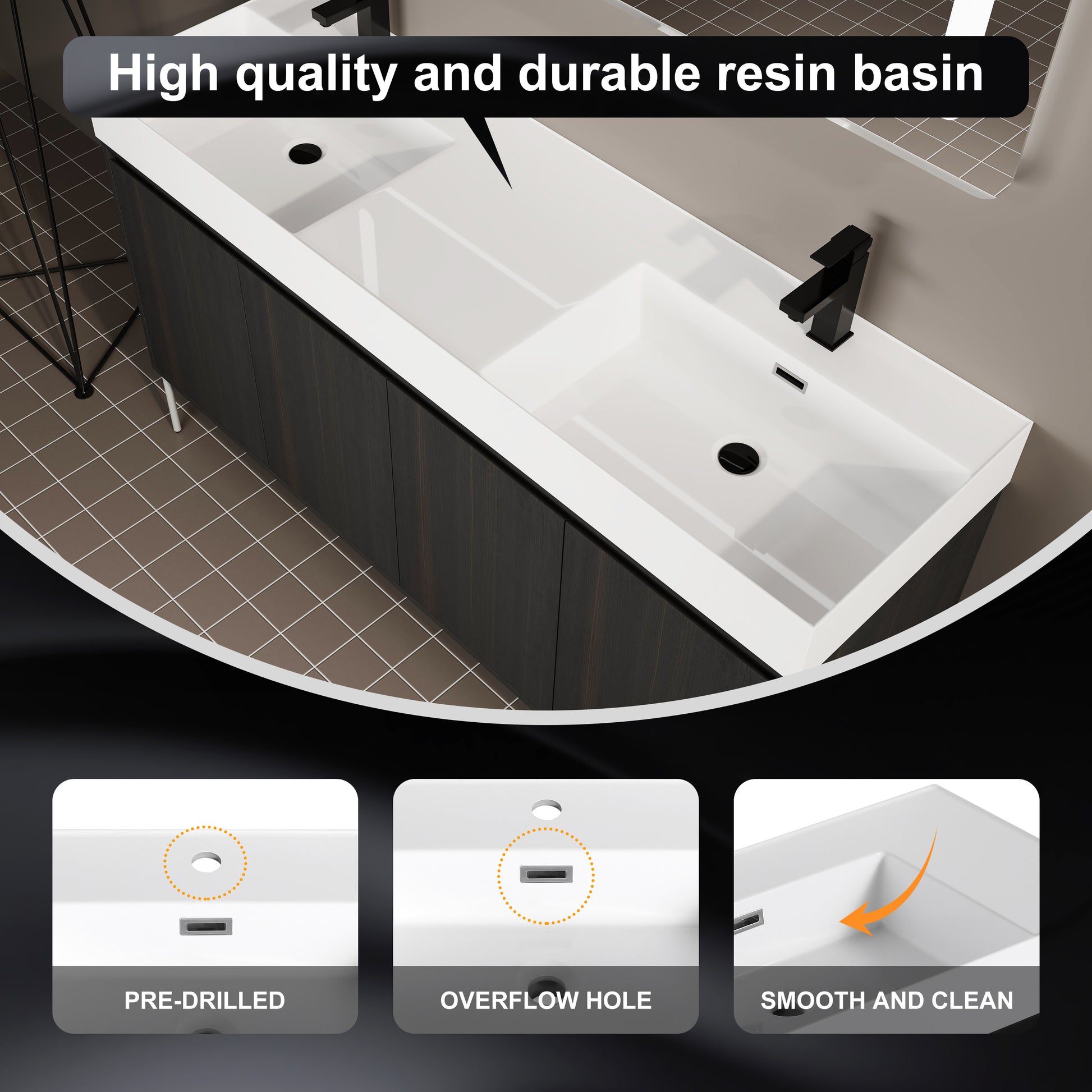 White resin basin with integrated double sink and black faucet
