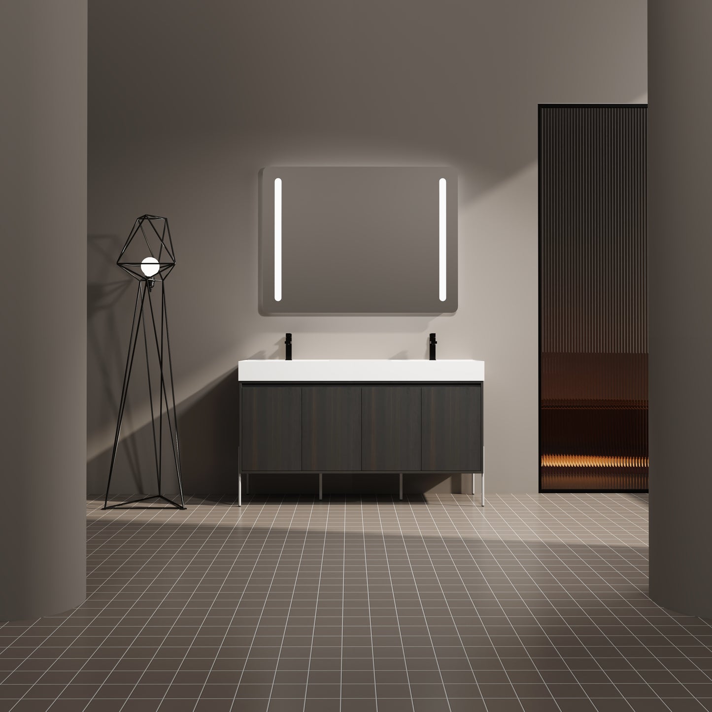 Modern double bathroom vanity with dark wood finish and white countertop