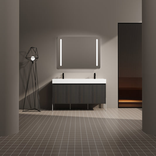 Modern double bathroom vanity with dark wood finish and white countertop