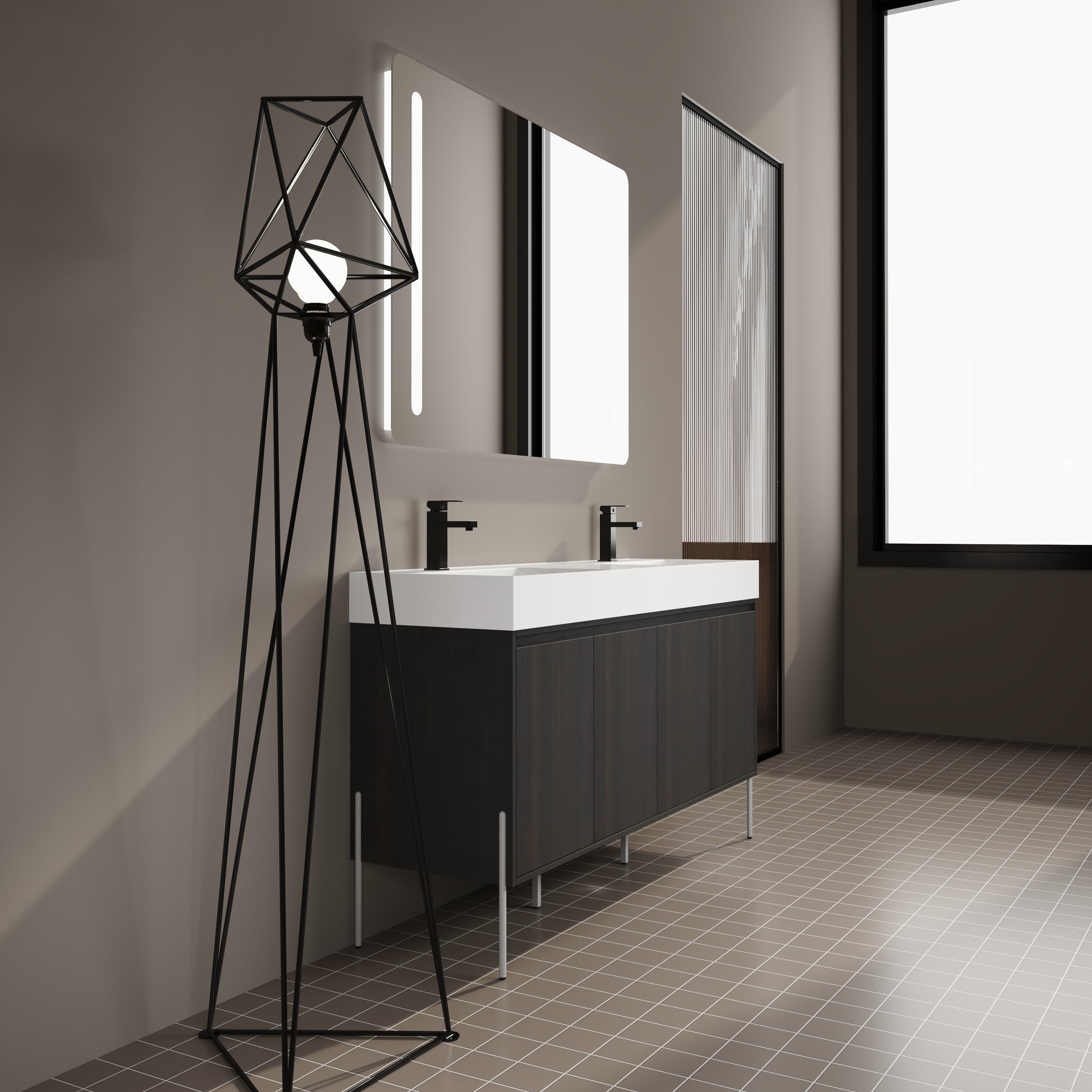 Modern double vanity with dark wood cabinets and white countertop