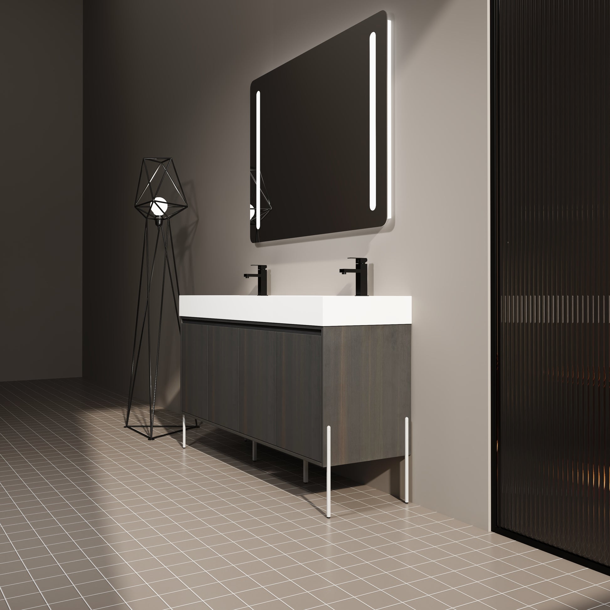 Dark oak bathroom vanity with double sinks and black faucets