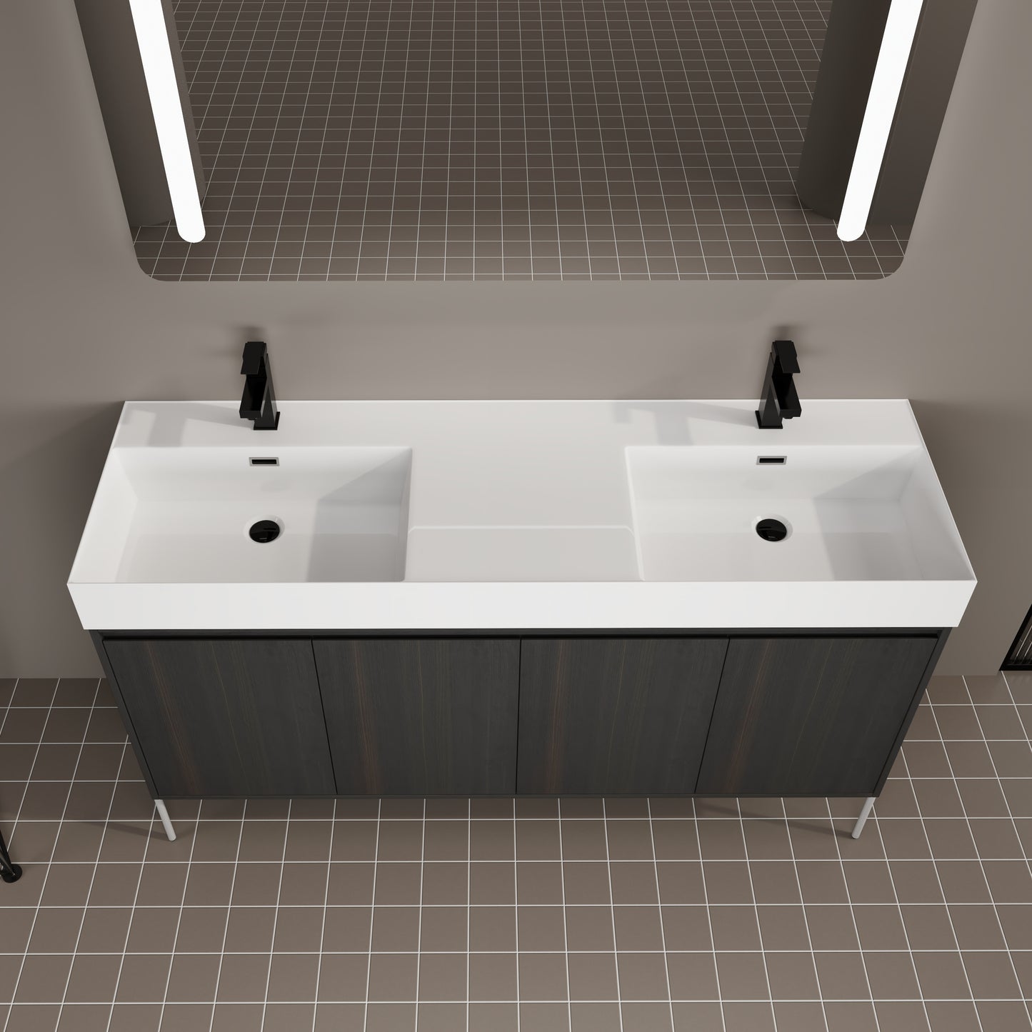 Modern double vanity with white countertop and dark wood cabinet