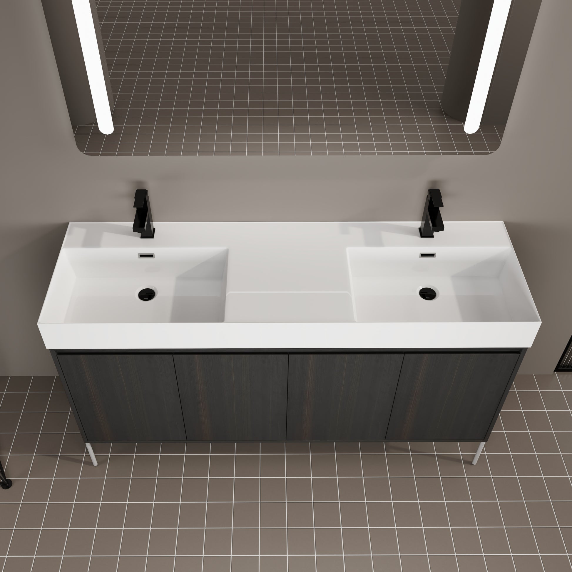 Modern double vanity with white countertop and dark wood cabinet