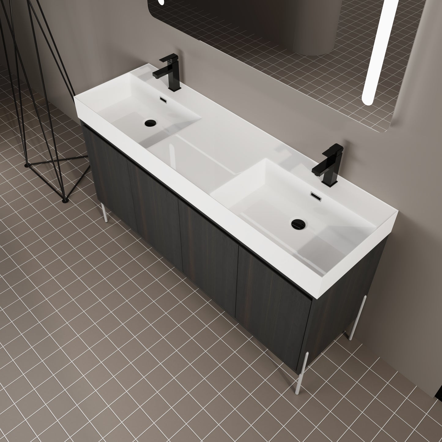 Modern double basin vanity with dark wood finish and black faucets