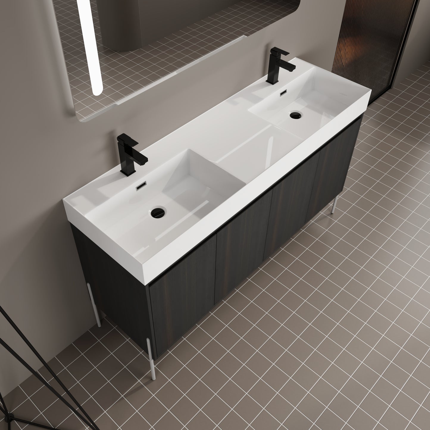 Modern dark wood double vanity with white ceramic sinks and black faucets