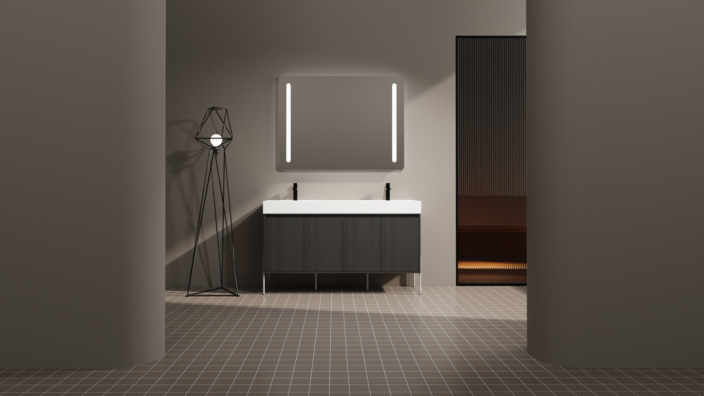 Dark oak modern bathroom vanity with white countertop and dual sinks