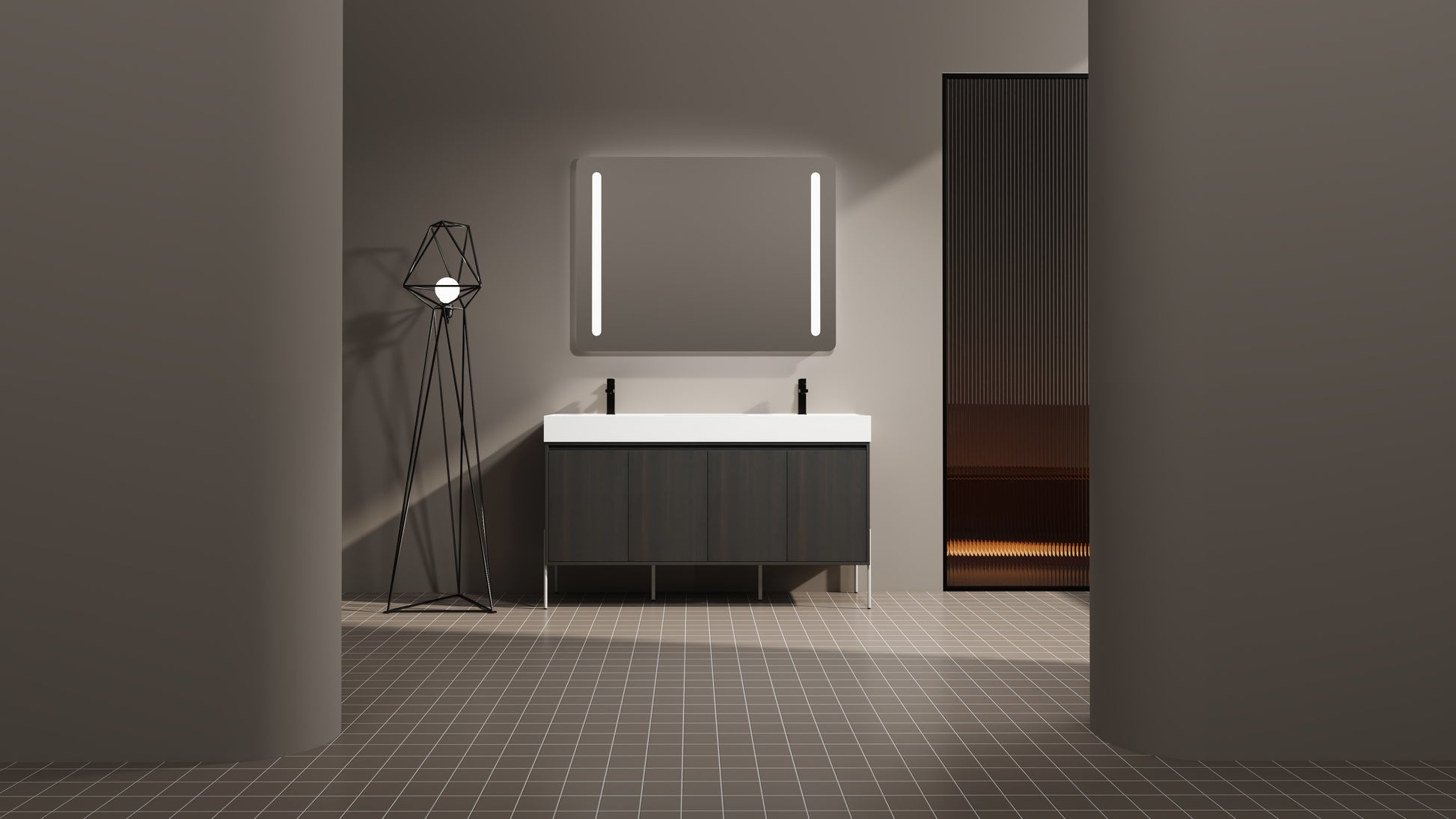 Dark oak modern bathroom vanity with white countertop and dual sinks