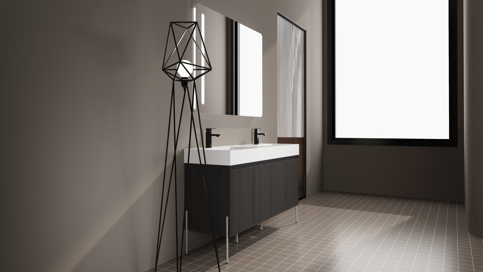 Modern black metal floor lamp with geometric shade illuminating a sleek bathroom vanity