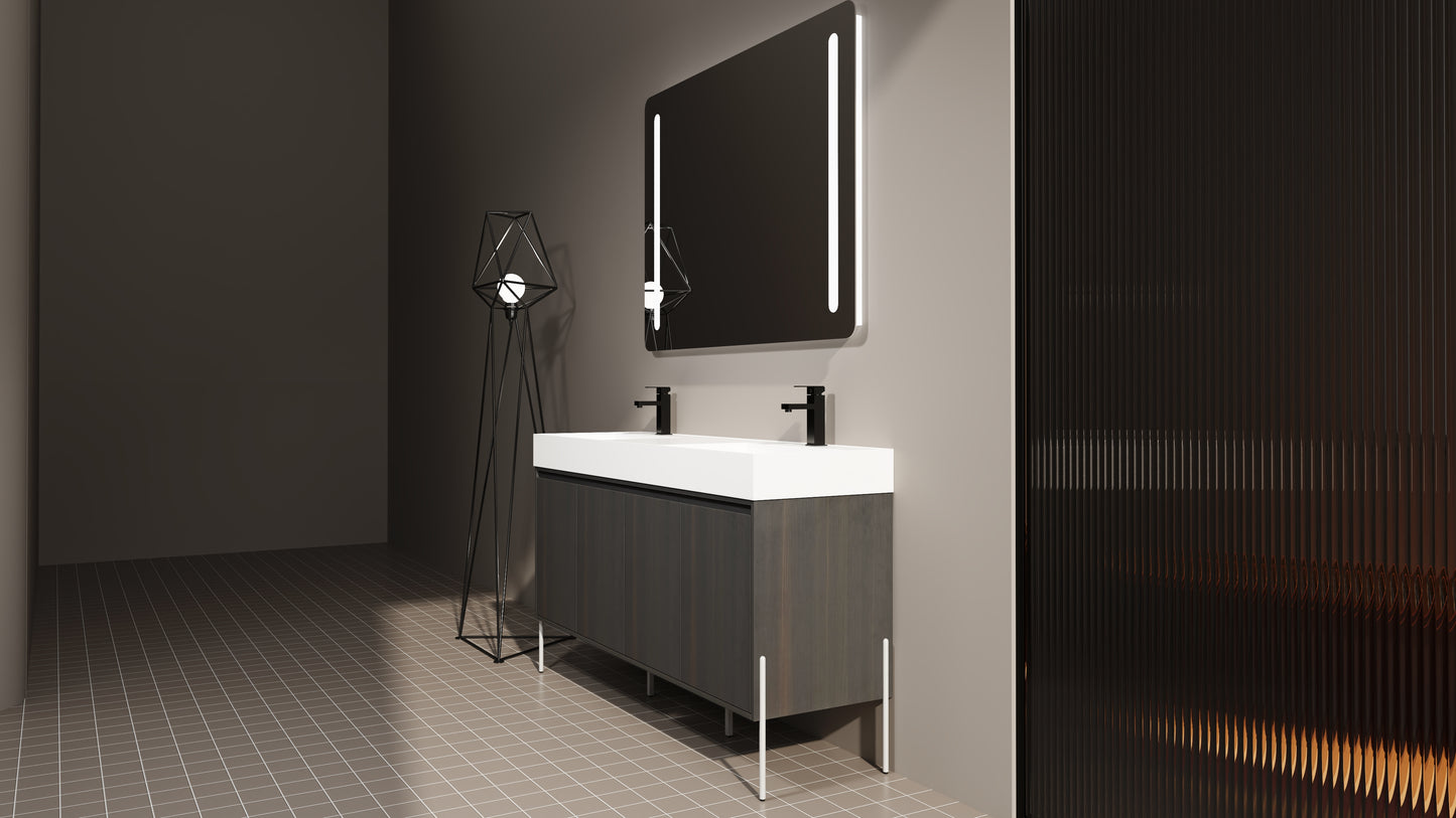 Modern dark wood bathroom vanity with white integrated sink and black faucets