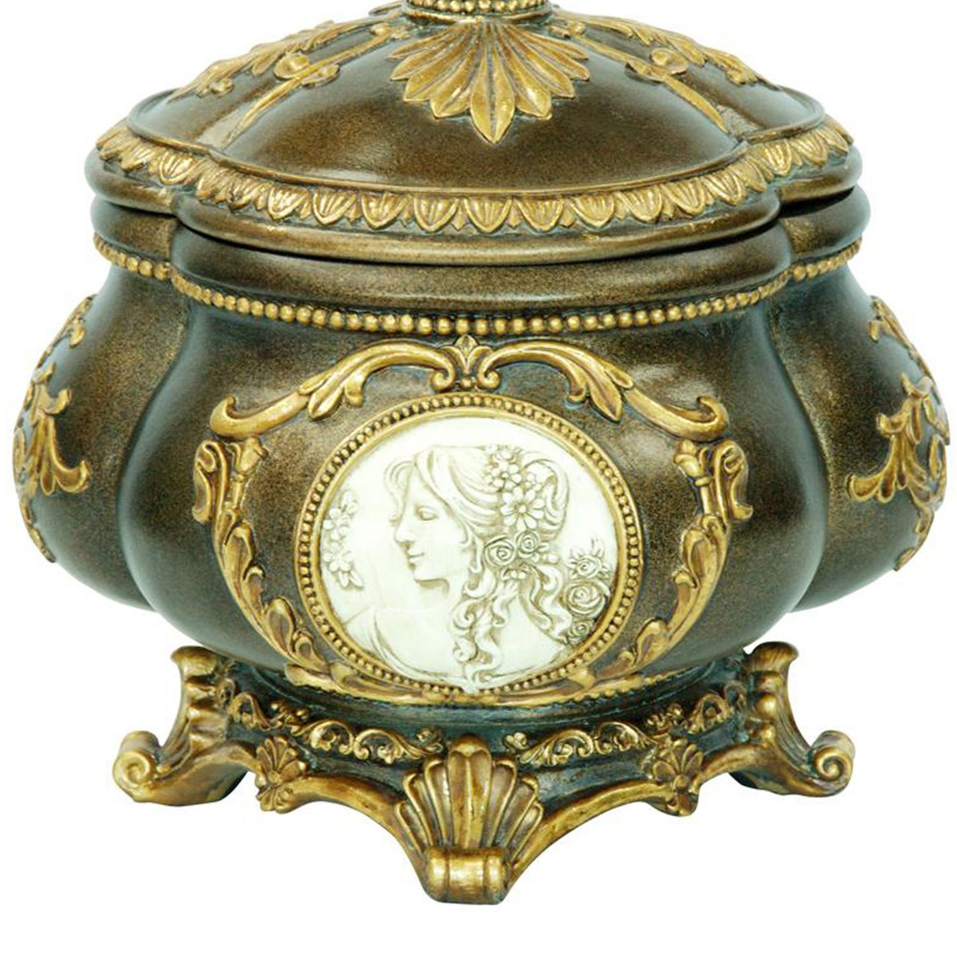 Ornate bronze and gold decorative jewelry box with cameo relief