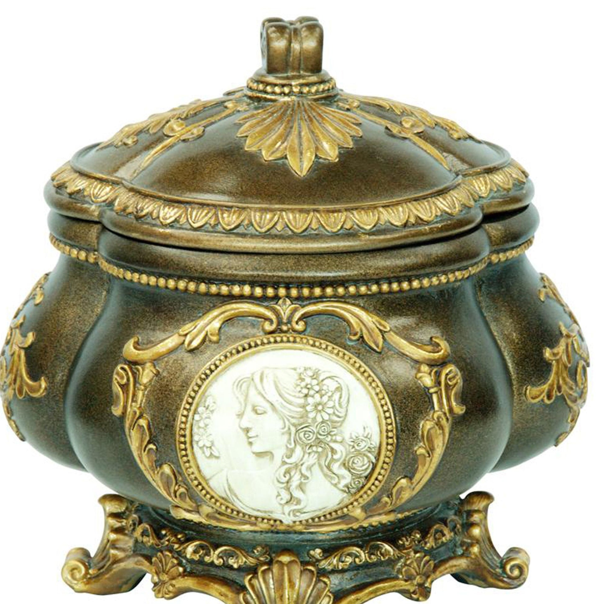 Ornate bronze jewelry box with cameo portrait and gold accents