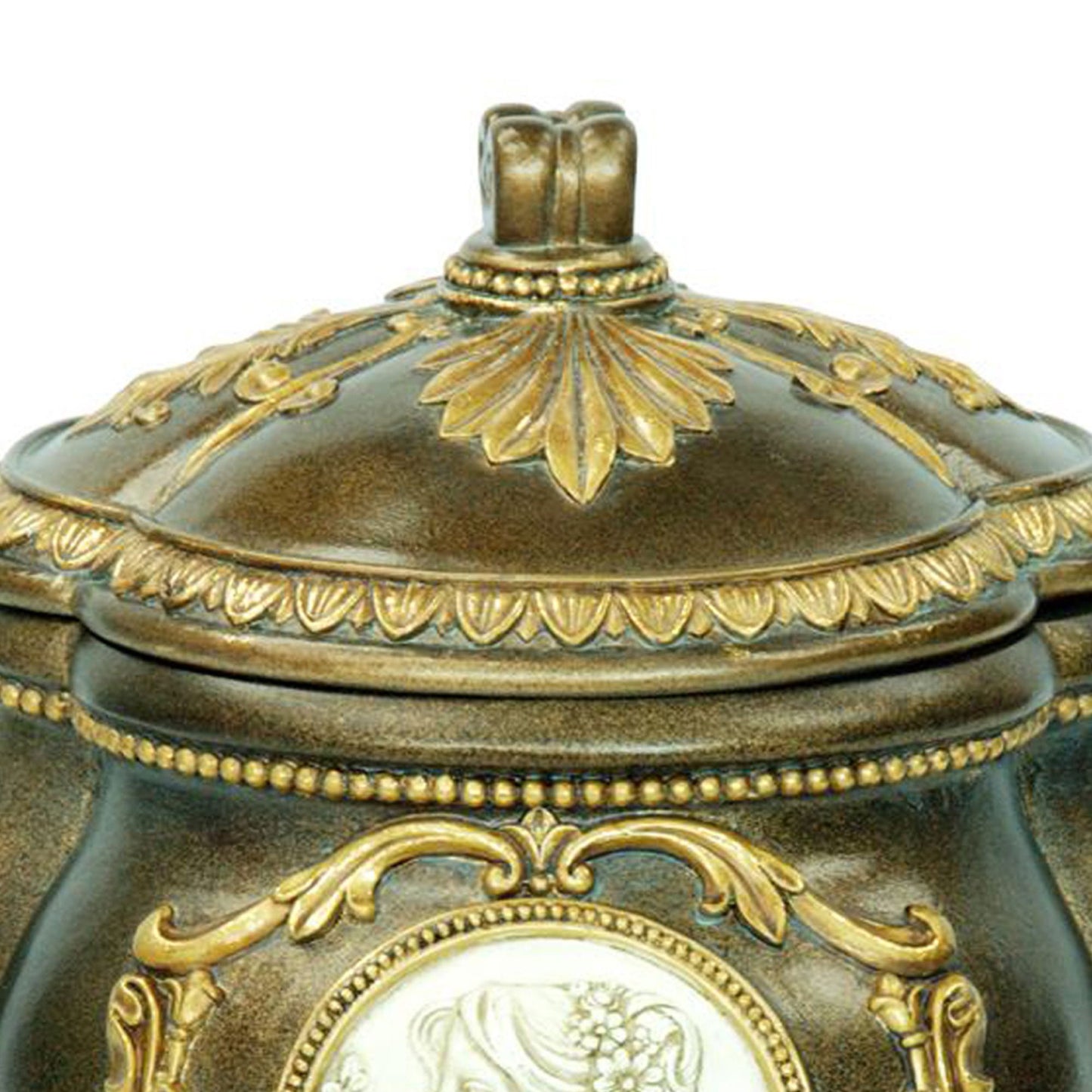 Antique bronze ornate jewelry box with detailed gold leaf accents