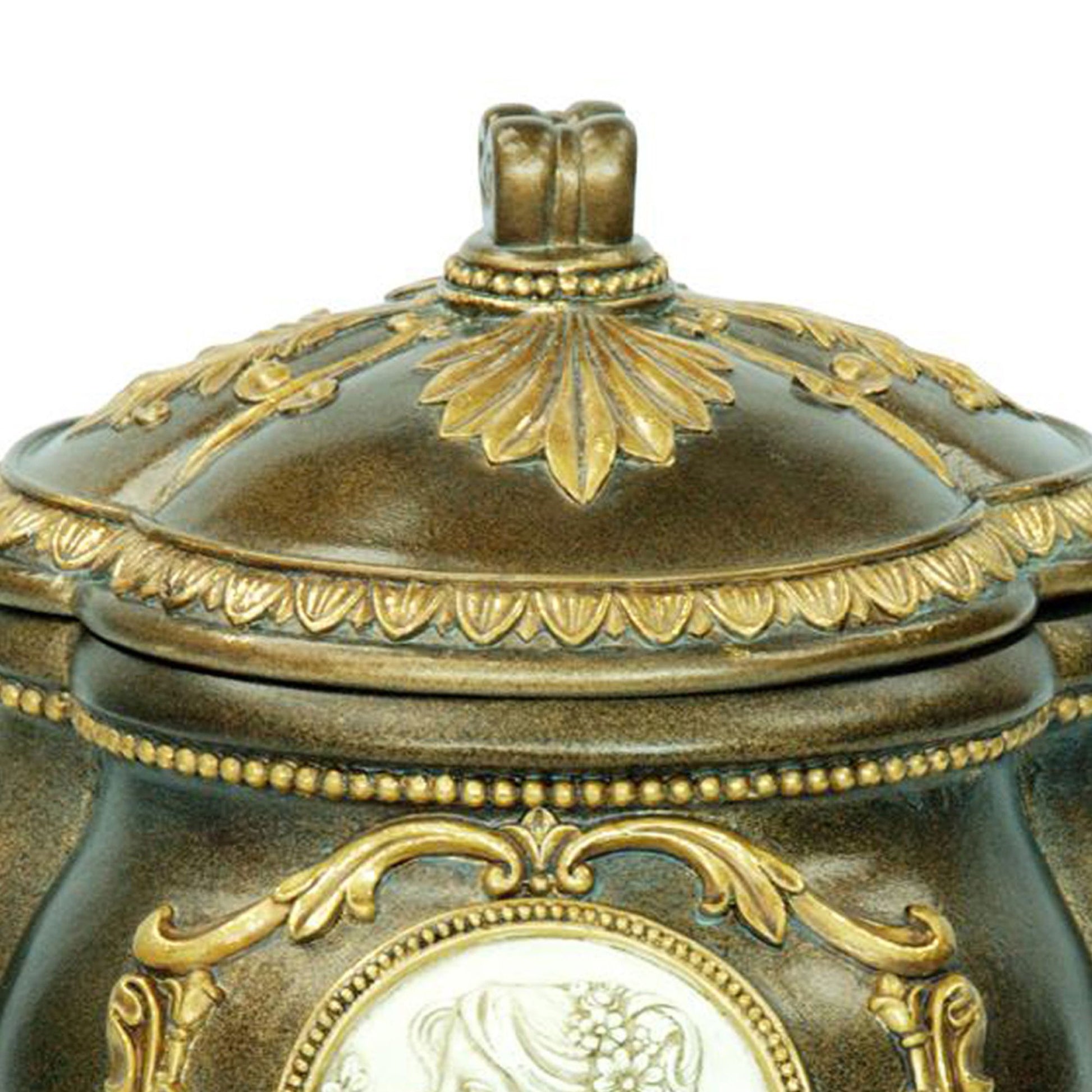 Antique bronze ornate jewelry box with detailed gold leaf accents