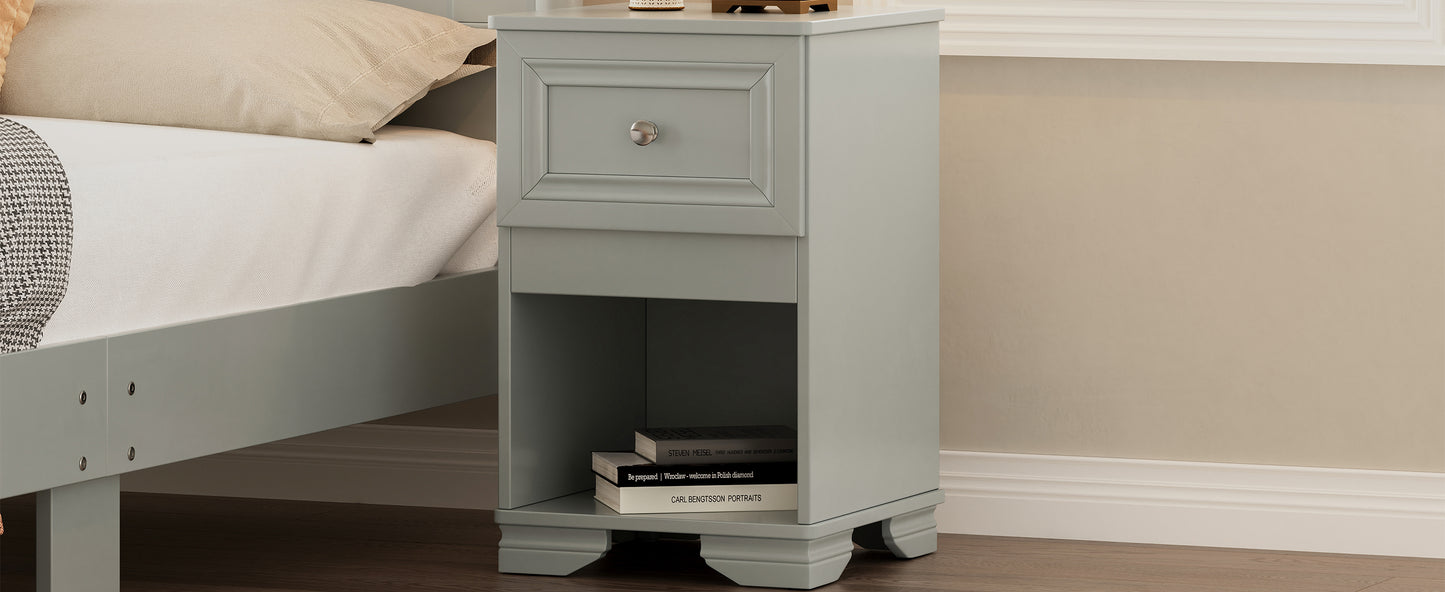 Gray wooden nightstand with one drawer and an open shelf