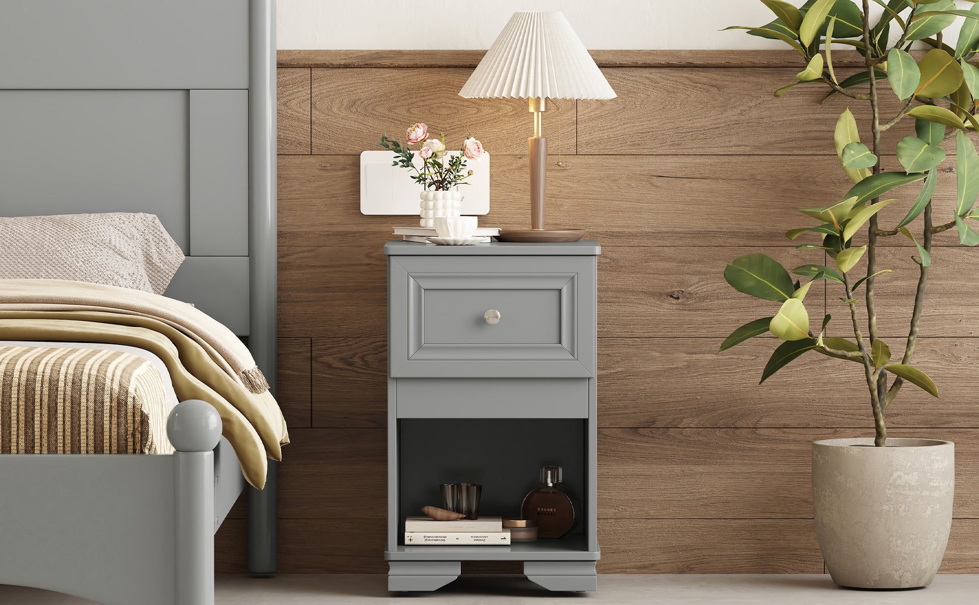Gray wooden bedside table with single drawer and open shelf