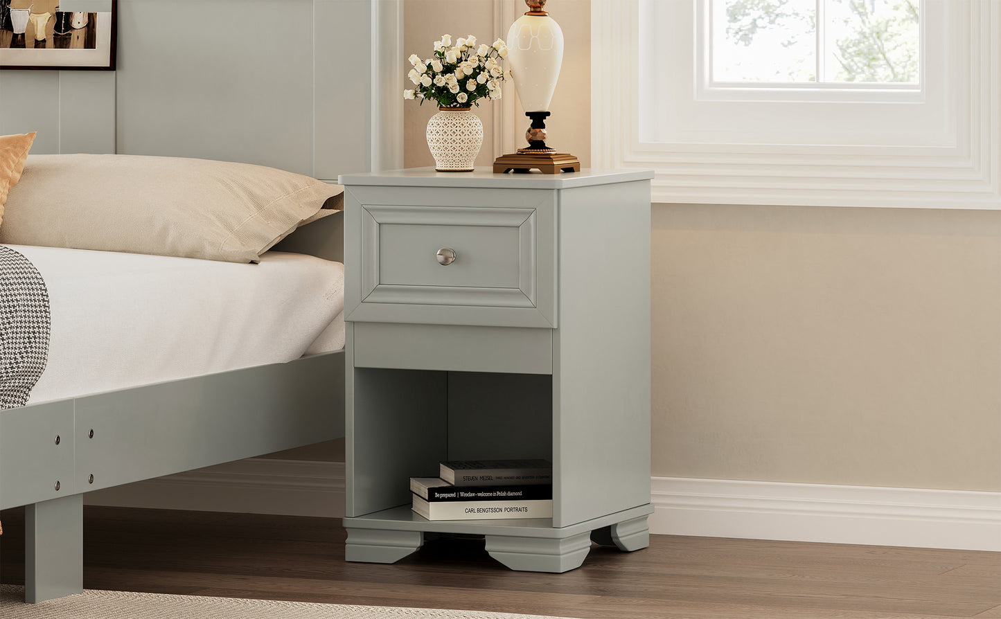 Gray bedside table with single drawer and open shelf