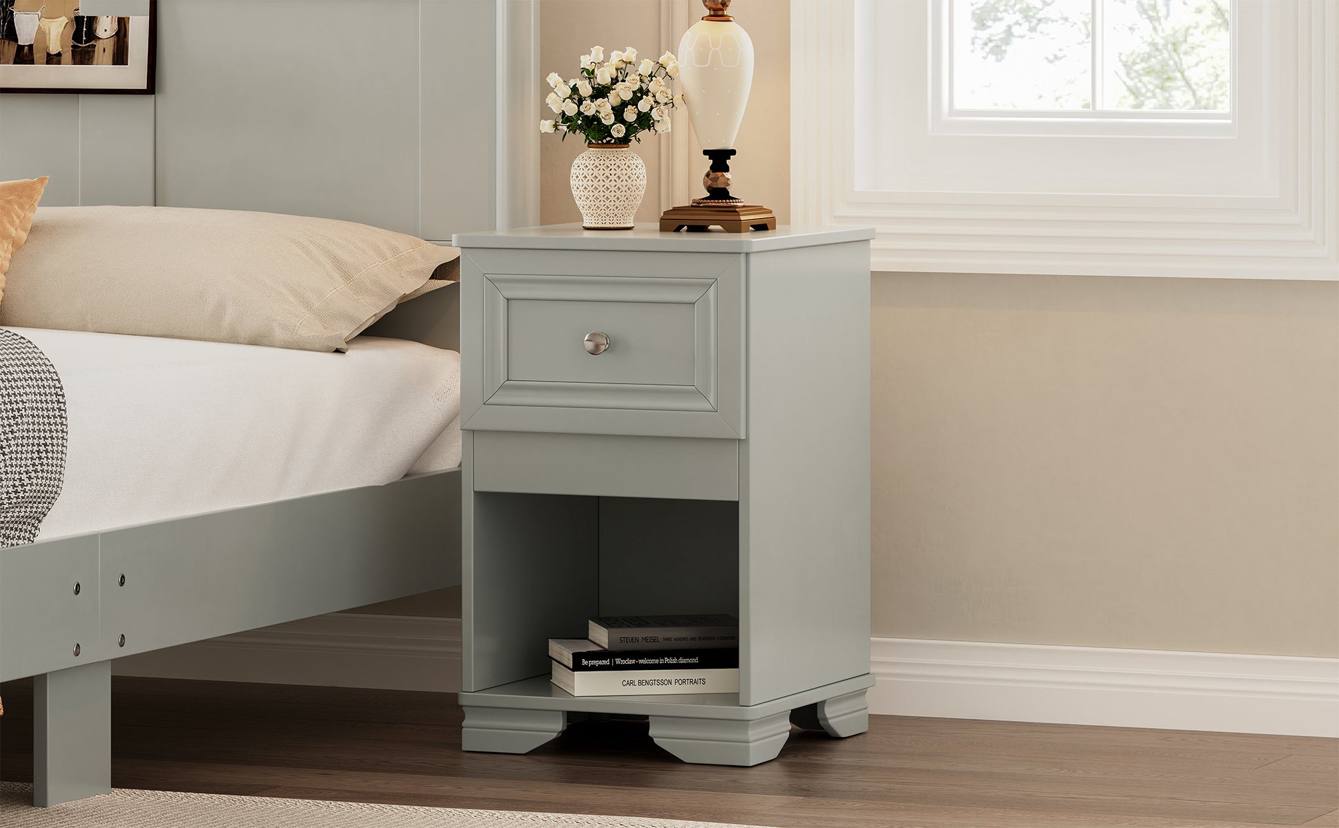 Gray bedside table with single drawer and open shelf
