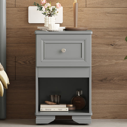 Grey wooden bedside table with one drawer and open shelf