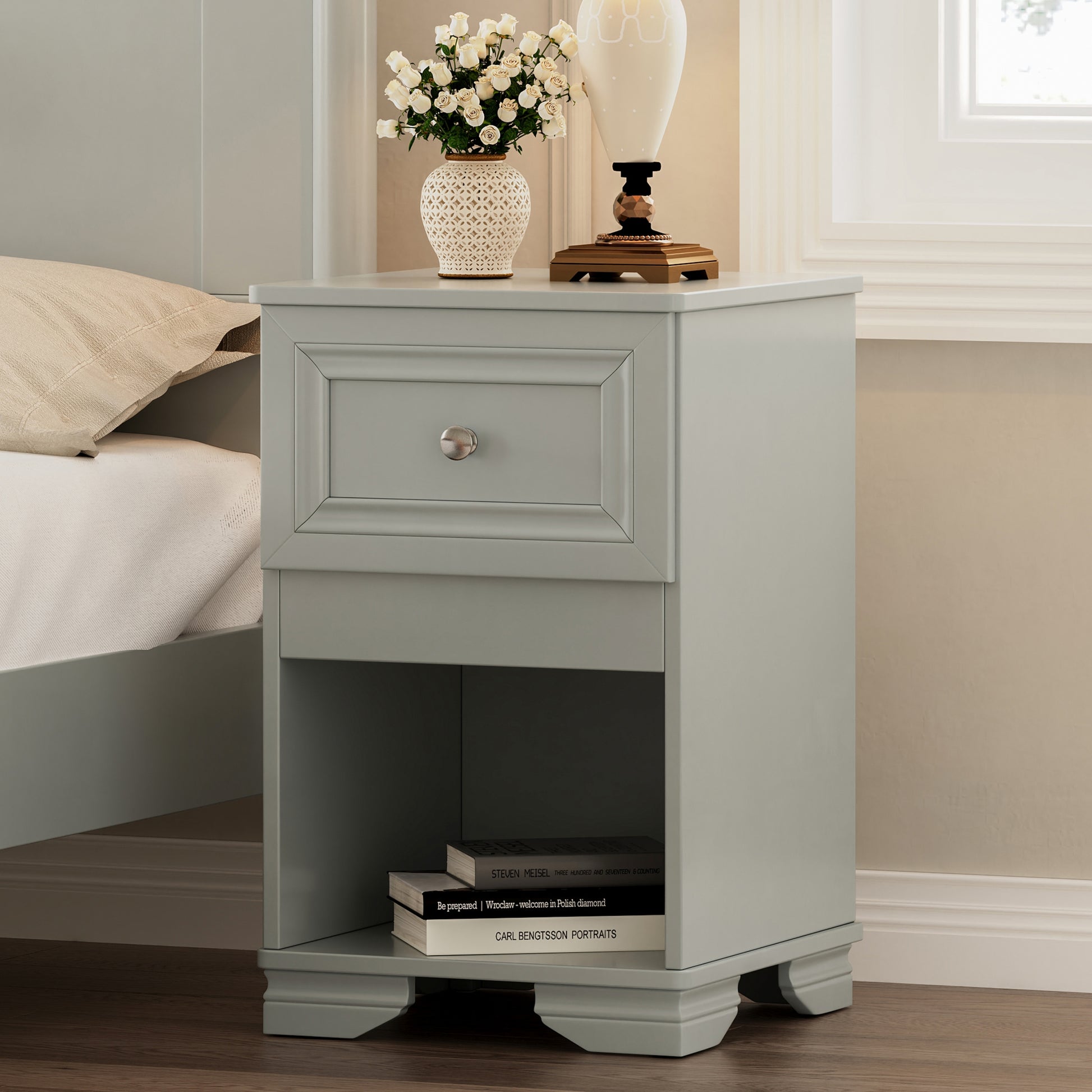 Gray wood bedside table with one drawer and open shelf