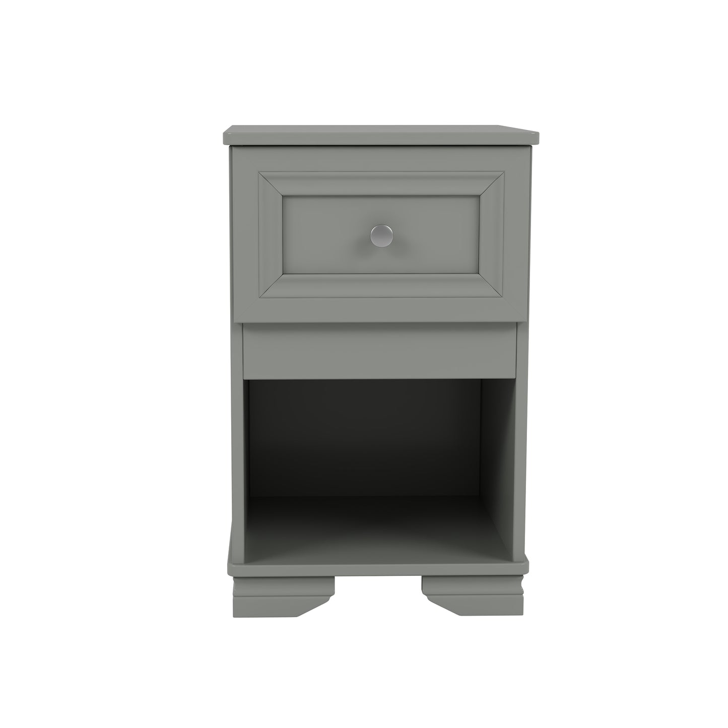 Gray wooden nightstand with one drawer and open shelf