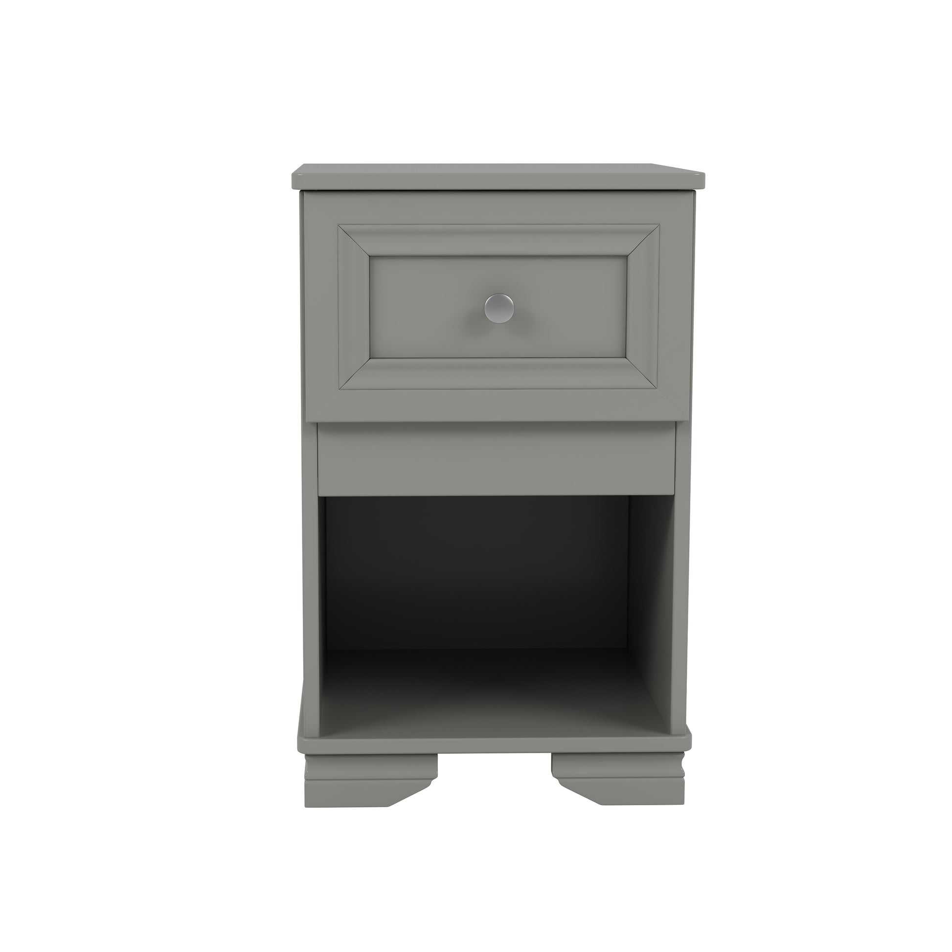 Gray wooden nightstand with one drawer and open shelf