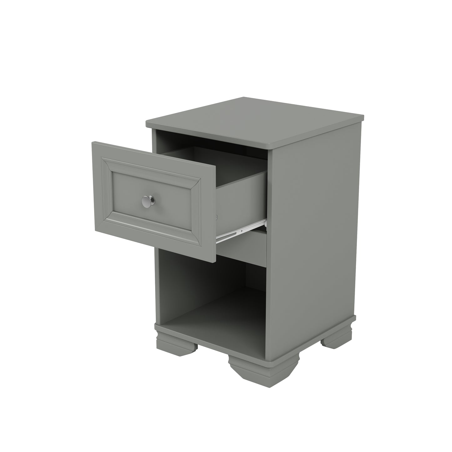Gray bedside table with one open drawer