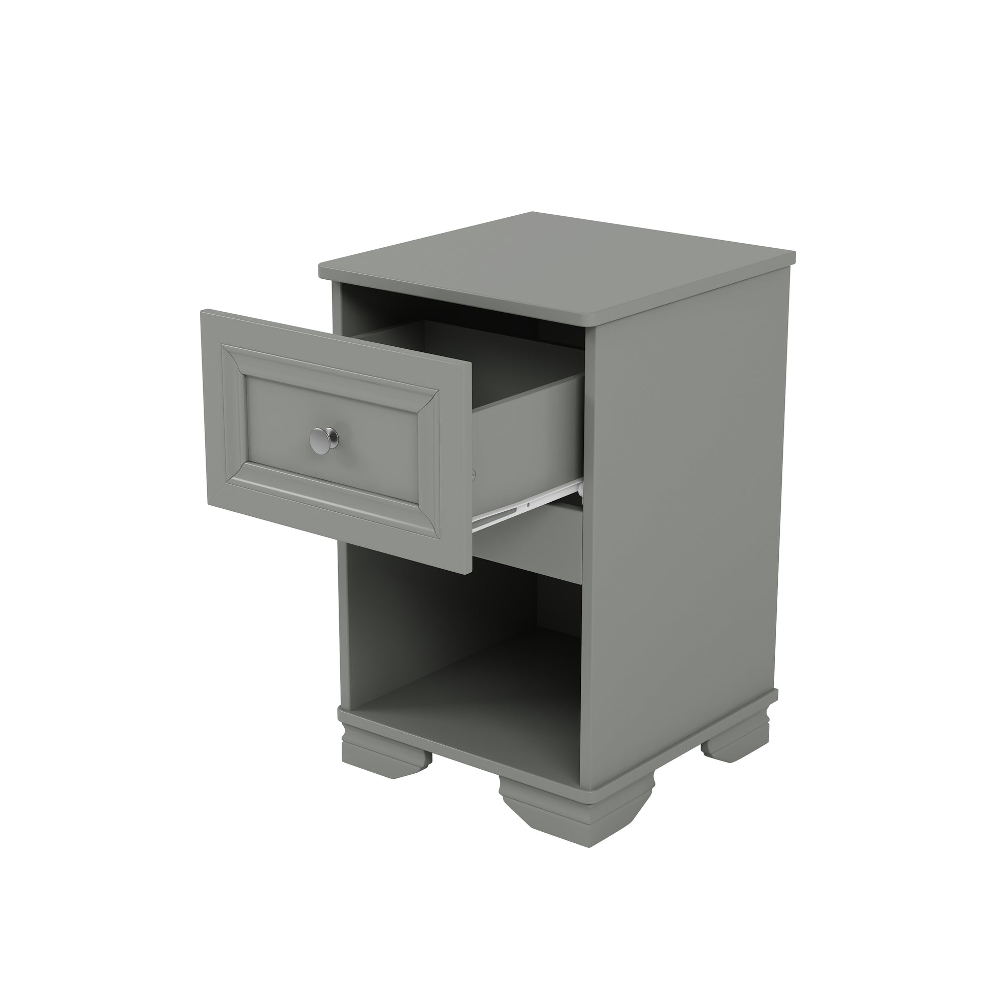 Gray bedside table with one open drawer