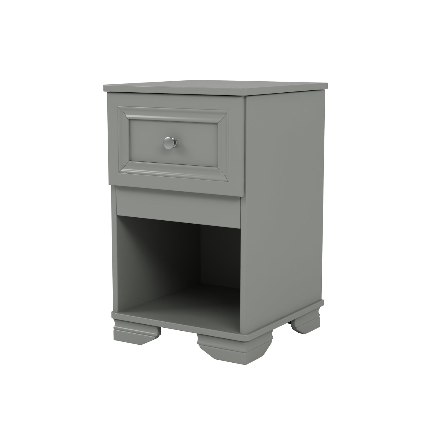 Gray wood bedside table with one drawer and open shelf