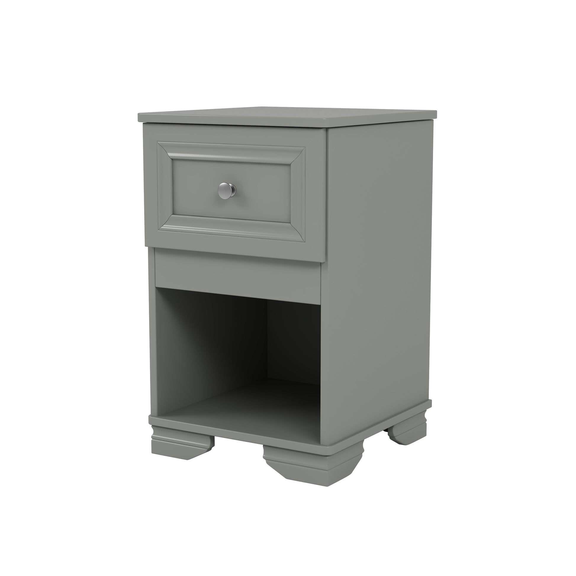 Gray wood bedside table with one drawer and open shelf